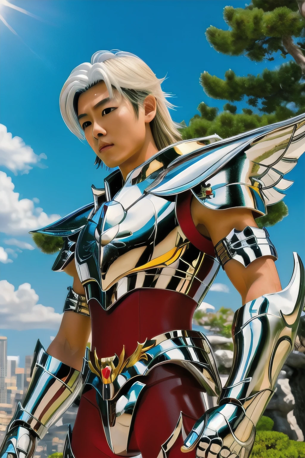 masterpiece of photorealism, photorealistic highly detailed 8k photography, best hyperrealistic quality, volumetric lighting and shadows, youjapanese man in pegasus saint_armor, wedge cut light blonde, Bonsai Gardens in Afternoon Light, Cinematic Low-Angle Shot