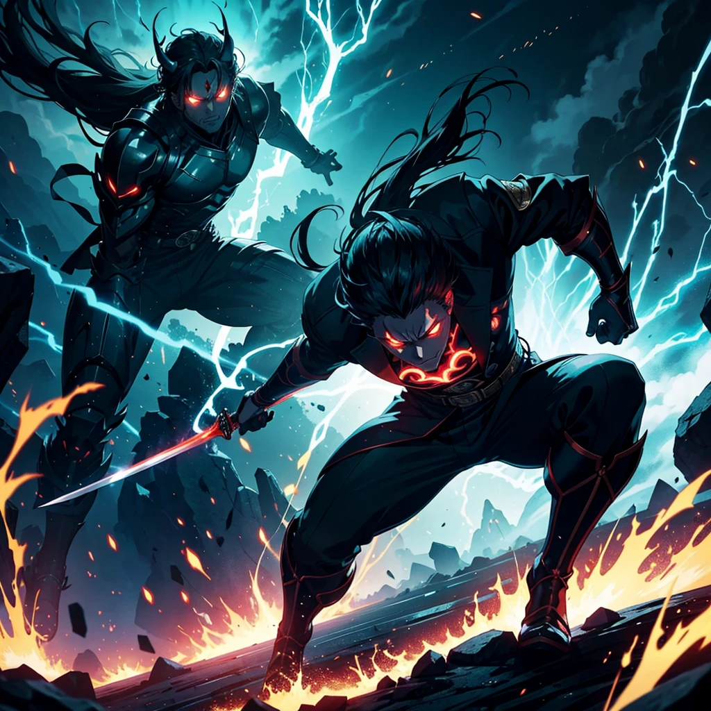 Create an epic and dynamic image featuring a swordsman inspired by the style of Kimetsu No Yaiba (Demon Slayer). The swordsman is seen from behind, leaping forward with his sword drawn, which is enveloped in bright green lightning bolts. The green lightning illuminates the scene, casting dramatic lighting effects on the surroundings. He is charged with powerful energy that fills the scene, distorting and altering the environment around him with visible sparks and waves of power in the air. The ground beneath him shows cracks and debris rising due to his immense power. In front of him stands a giant demon shrouded in shadows, its menacing silhouette highlighting glowing red eyes and monstrous features. The demon exudes a sinister presence, partially obscured by darkness yet dominating the space ahead. The entire scene is filled with powerful energy emanating from the swordsman, affecting everything in the environment—the twisted trees react to the surge, leaves swirl wildly, and mist adds an element of mystery. The scene is set in a dark forest, and the primary light source comes from the bright green lightning of the sword and the intense aura around the swordsman, creating a strong contrast between the luminous energy and the deep shadows of the forest. The image should be high resolution, capturing fine details in both the characters and the environment, rendered in an anime/manga style with vibrant and dynamic colors. Emphasize that the scene is filled with powerful energy coming from the swordsman, conveying a sense of immense power, tension, and the epic scale of the confrontation between the swordsman and the demon. Highlight the climactic moment of action and emotion, showcasing the movement and intensity of the imminent battle.
