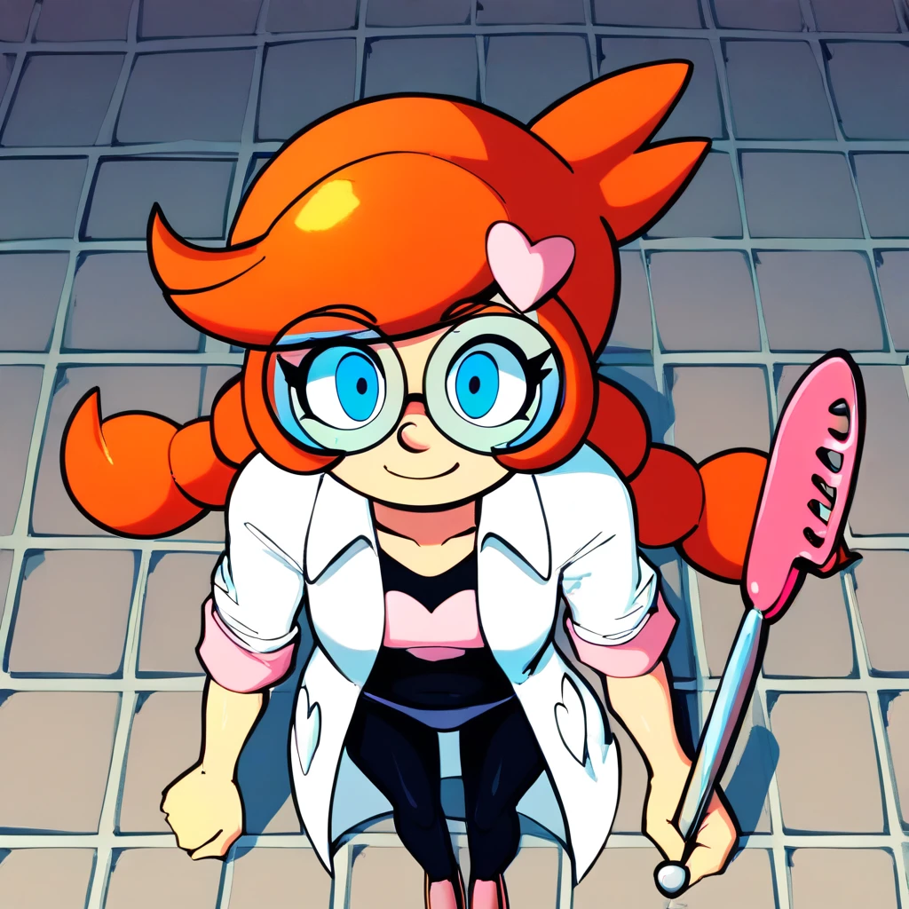 score_9_above, score_8_above, score_7_above, score_6_above,  Best quality, masterpiece, source_cartoon,  detailed background, gray background, bricks, darkness, BREAK 1girl, Alone, penny_(\warioware\), Big Head,  orange hair, Blue eyes, braids, glasses, pink fork ,  lab coat , Black body, short sleeves, smile,  underwear, 