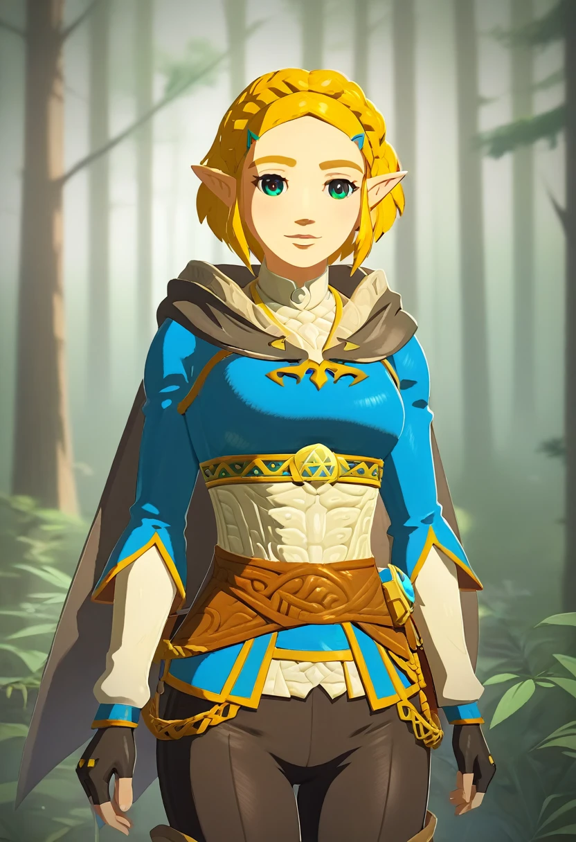 (Masterpiece, Ultra-high resolution, 8k, High Quality, Top quality, High-Detailed, Detailed CG, Cinematic Shadow:0.5, Beautiful Detailed Eyes, Ultra Resolution, Depth of Field, High Resolution, Masterpiece: 1.2), (Anime Art style), (cowboy shot), (forest:1.4), 1girl, solo, ChopioZelda, blonde hair, aqua eyes, pointy ears, short hair, crown braid, sidelocks, parted bangs, hairclip, outfit_1, blue crop top, gold trim, white undershirt, breastplate, layered sleeves, brown sash, black gloves, fingerless gloves, black pants, knee boots, brown footwear, black cape, hooded cape, beautiful breasts, smile, 