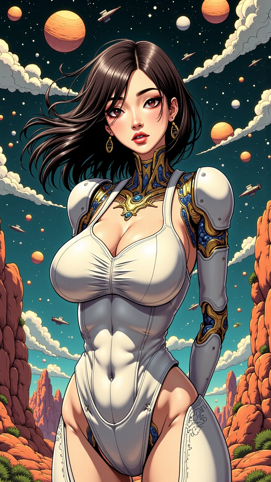 ((best quality)), ((masterpiece)), (detailed), perfect face of cyberpunk mecha japanese girl, surreal, art nouveau, in the illustrative style of moebius, spaceships, aliens, fantasy, sci-fi, graphic novel, line drawing, french retro, arms behind back, 
