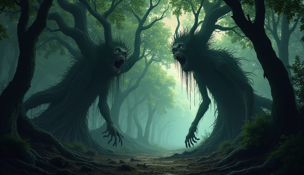 (photorealism:1.2), A dark and eerie forest with , gnarled trees. The trees have faces and long, claw-like branches reaching out. A path winds through the forest, leading to a mysterious, glowing light in the distance.