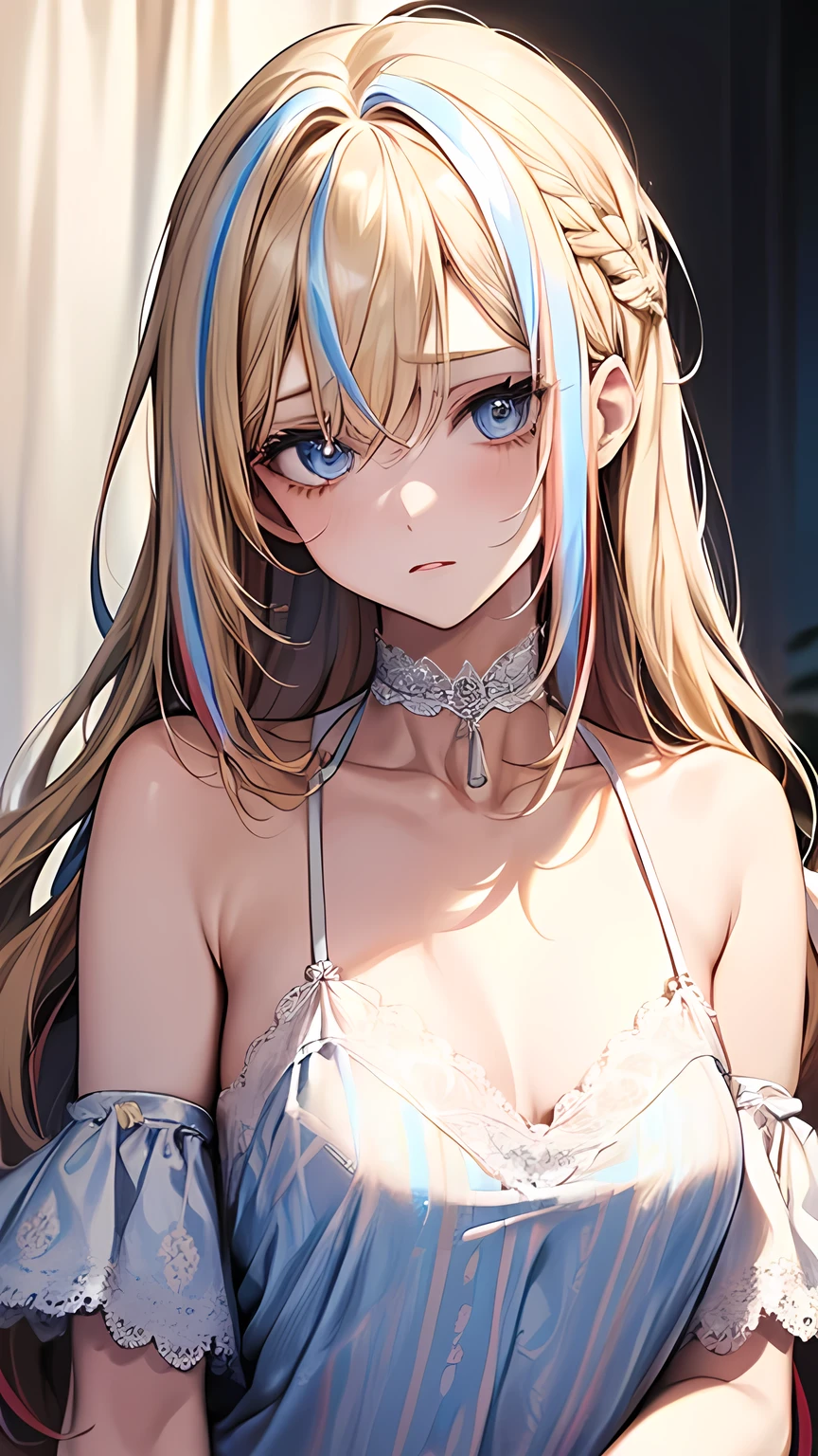 blond hair,((highlights hair, various colored streaked hair))、hime cut, blue eyes、 upper body、soft white camisole with intricate lace、Soft Skin、 choker、 soft glossy lips 、clavicle