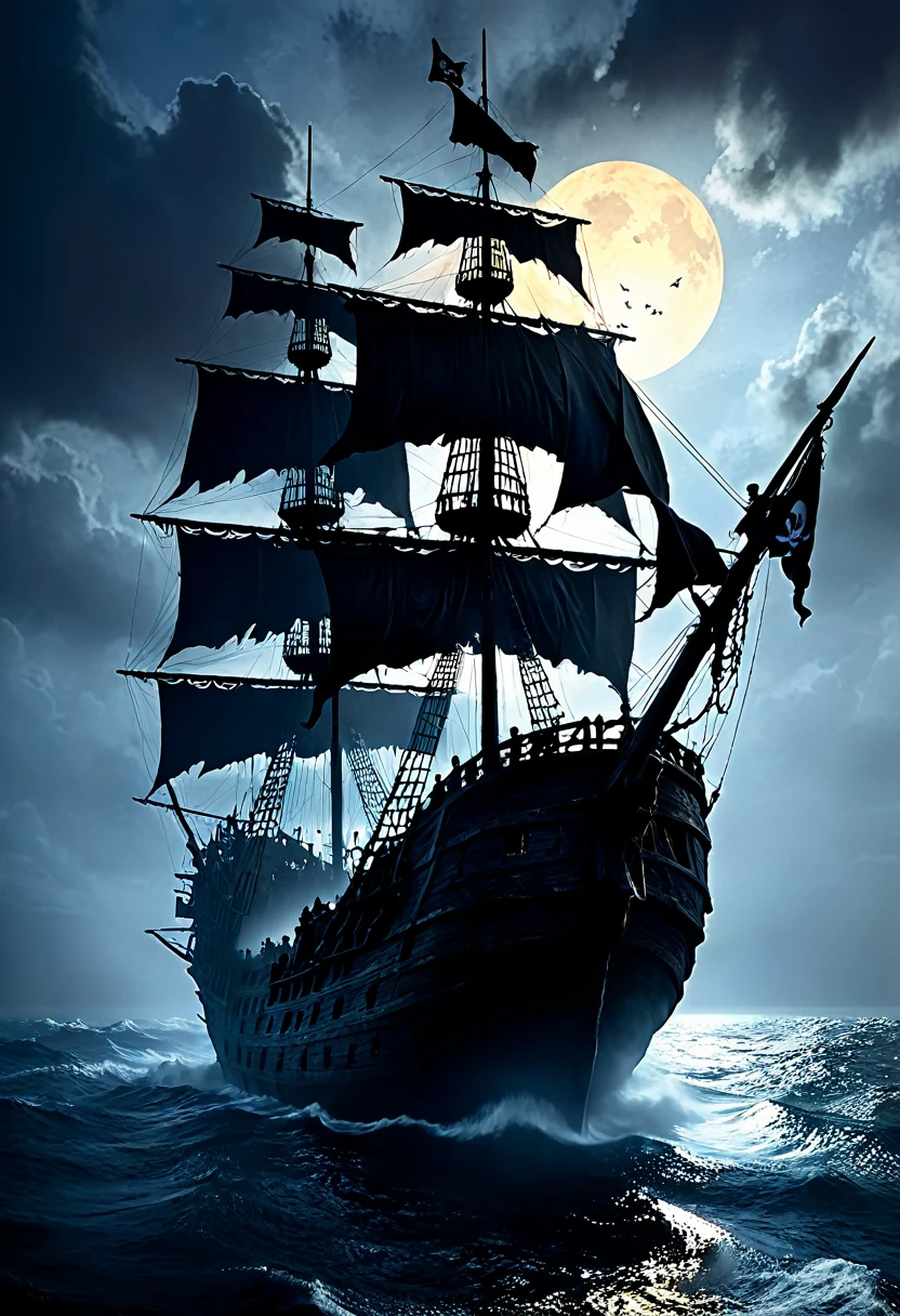 silhouette art, masterpiece, a pirate ghost ship, tattered rigging, tattered black sails, jolly roger flag, materialises from the mist in the darkness, HD32K, wallpaper, hyperdetailed