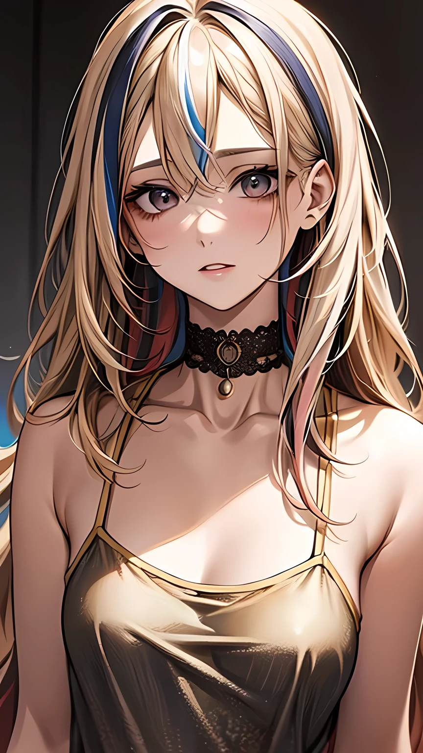 blond hair,((highlights hair, random colored streaked hair))、 upper body、 soft camisole with intricate embossing、Soft Skin、 choker、 soft glossy lips 、clavicle