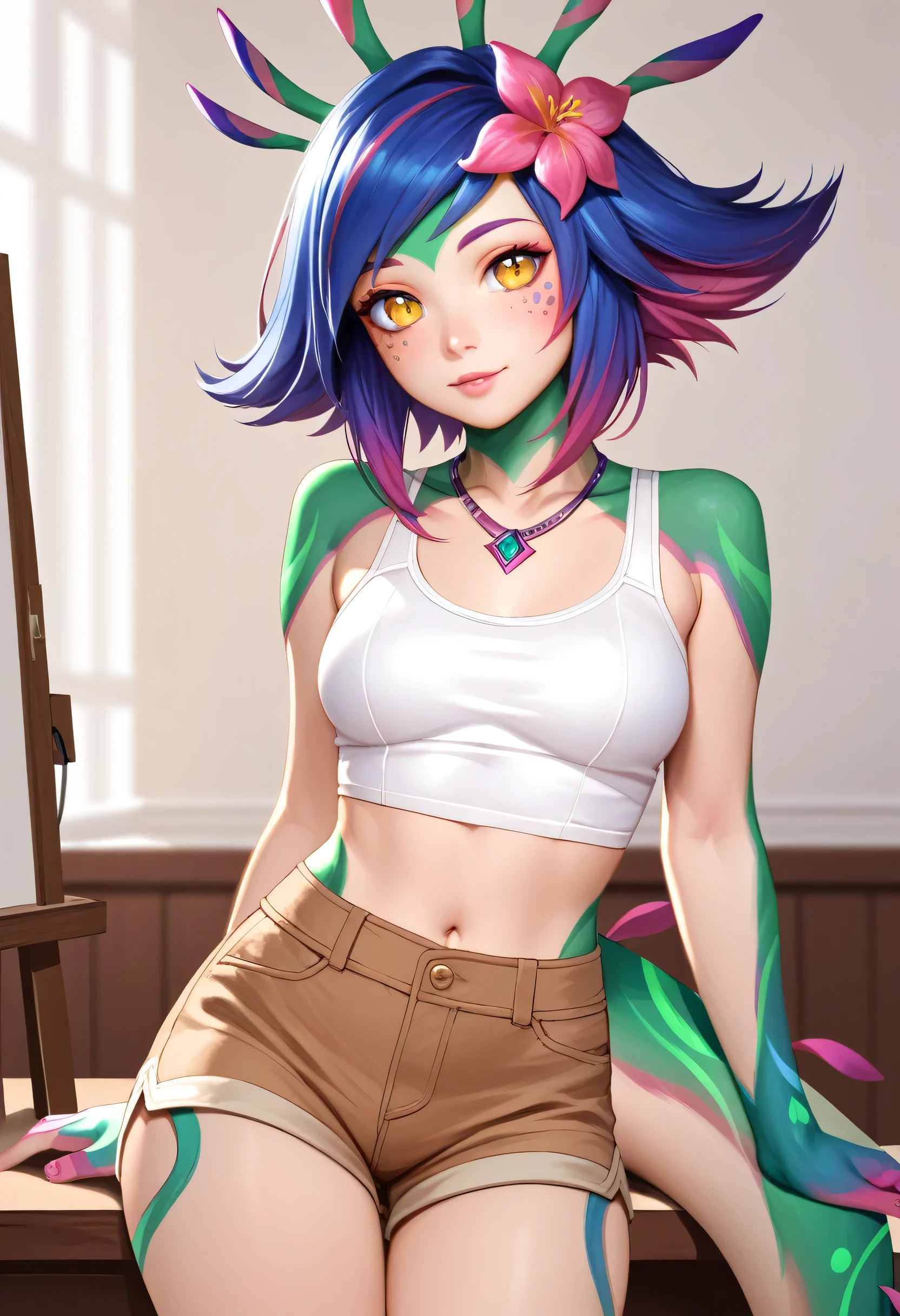 masterpiece,(best quality,top quality,8k),ultra detailed,illustration,painting,detailed eyes and face,1girl,neeko,facial marks, hair ornaments, hair flower, necklace,brown shorts, (crop top),(short hair), pretty girl, beauty skin, ultra high res, raw photo , detailed body , (looking at viewer ),(puffy eyes) ,good contrast , high sharpness,(gorgeous),realistic,RAW Photography,(hyperdetailed:1.2)