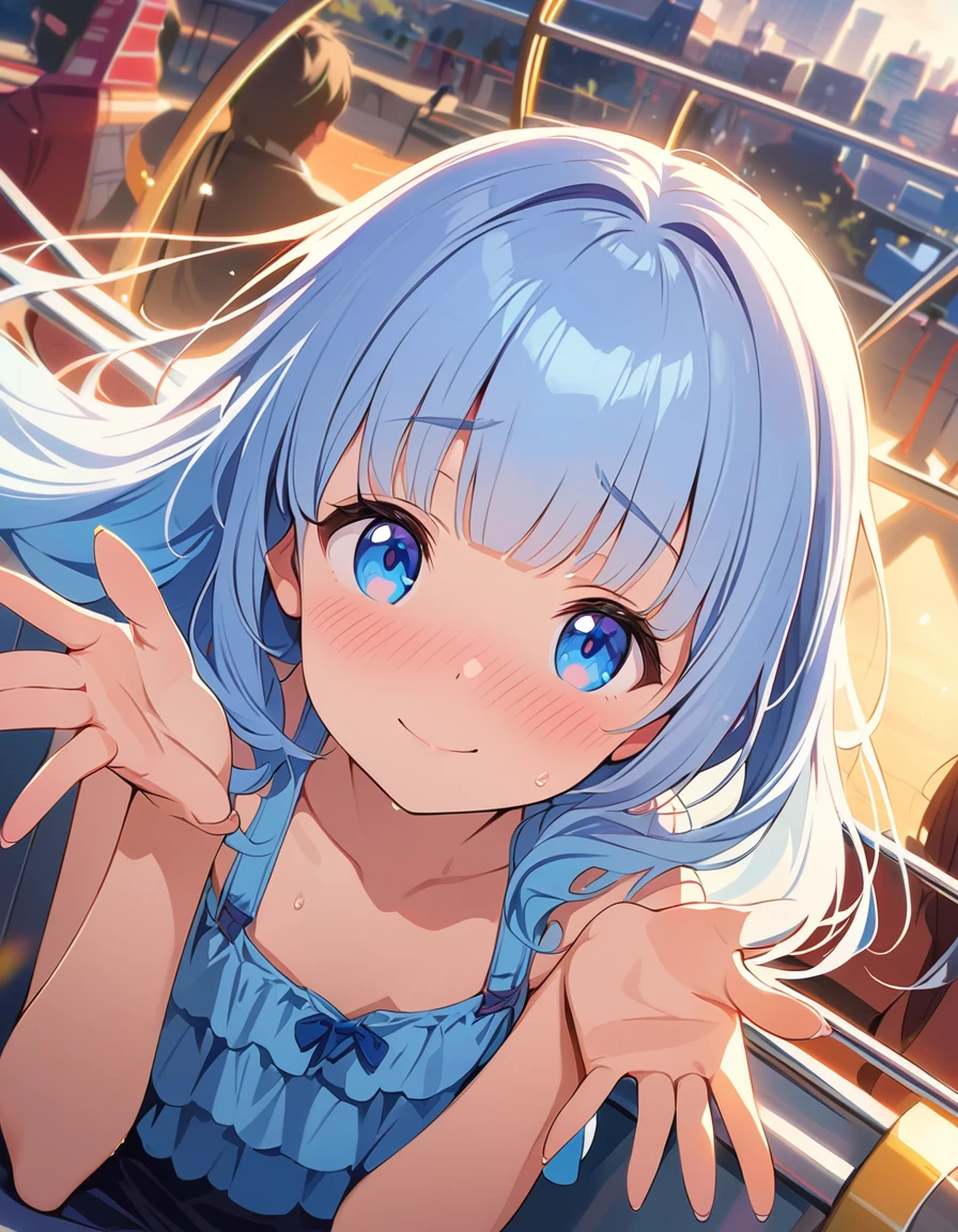 masterpiece, best quality, extremely detailed, (illustration, official art:1.1), 1 girl ,(((( light blue hair)))), ,(((( light blue long hair)))),light blue hair, ,((blush)) , cute face, big eyes, masterpiece, best quality,(((((a very delicate and beautiful girl))))),Amazing,beautiful detailed eyes,blunt bangs((((little delicate girl)))),(((tareme))),droopy eyes.(true beautiful:1.2), sense of depth,dynamic angle,,,, affectionate smile, (true beautiful:1.2),,(tiny 1girl model:1.2),)(flat chest),

Absurdres, (masterpiece, best quality), (ultra-detailed), super high resolution, (Top Quality photorealistic Illustration), (Super Definition), (cute illustration:1.3), (high Saturation:1.2), detailed beautiful face and eyes, very detailed background, (an extremely delicate and beautiful), (nice hands, perfect hands), (appropriate posture), (appropriate configuration), ideal ratio body proportions,
nsfw, ((1girl)), solo, (Inside the Ferris wheel),  , (in the Ferris Wheel:1.2), (crowd:1.3), rim light, sunlight, beautiful lighting,
(eyes highlight), (embarrassed smile), closed mouth, (full-face blush), sweat, (pussy juice), floating hair,enbarrased