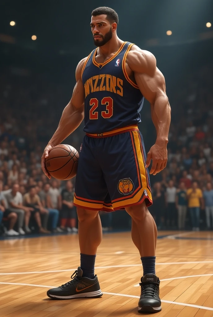 Man wearing grey sleeveless basketball jersey and shorts