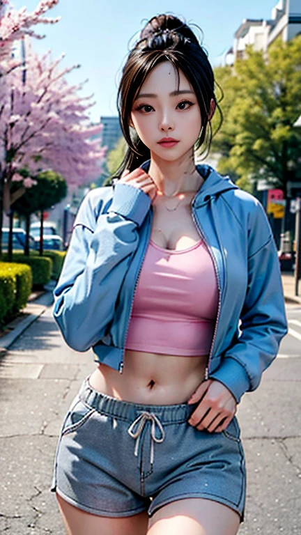  sexy single Japanese woman 、40 years old、 woman jogging in the park 、Running on an unpaved course 、Black Hair、 medium hair in a low ponytail、 Brown Eyes 、 light blue jacket with hood 、 pink jogging shorts 、 grey jogging crop top 、 cowboy shot、 shot from the front、(a masterpiece portrait of a woman with ultra detailed features, in 8K resolution, with crisp quality and vibrant colors), 