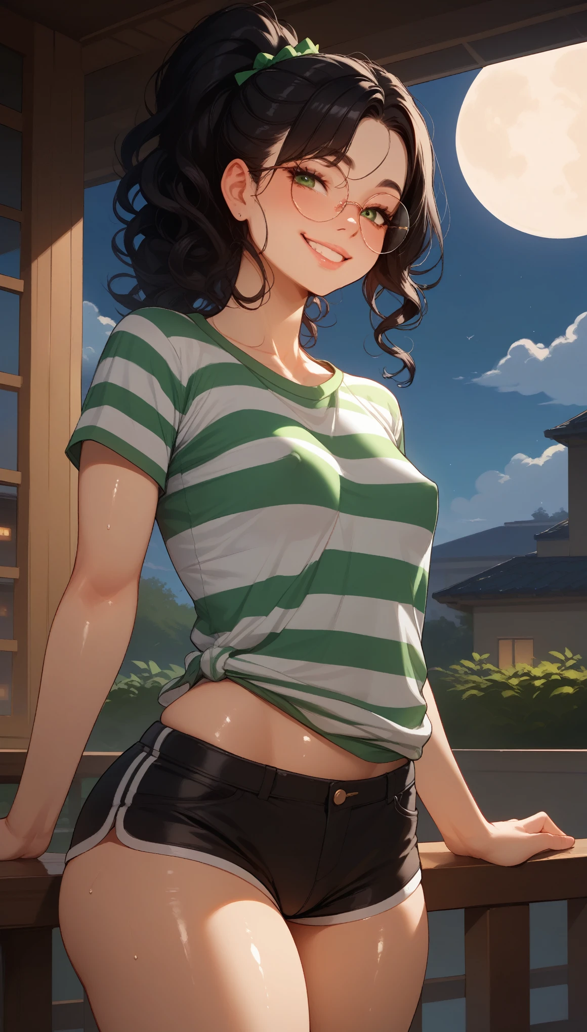 Expressiveh, view from front, look sexy, huge ass, naughty stare, sexy, small breasts,score_9, score_8_up, score_7_up, naughty look, mischievous, black hair with green bangs frizzy hair with high ponytail, straight bangs, cut bangs, hot girl, source_anime, haughty, low, muscled thighs, sexy tight a woman with stripes on her body, short sleeve shirt, loose shirt, comfortable shorts, on the apartment balcony, full moon night, front view, Expression naughty with a mischievous smile, naughty look, shyly, legs slightly open, 80swa, shiny skin, oily, sweaty, perfect face, beautiful girl, beautiful face, green eyes, round prescription glasses, nerdy girl, scabies on her face, sexy tight, squeezing breasts, huge ass, perfect rounded ass, fair skin