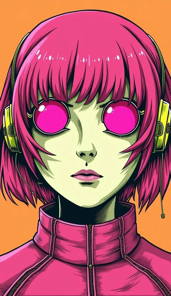 ((best quality)), ((masterpiece)), (detailed), perfect face of cyberpunk mecha japanese girl, neon pink body, neon pink hair, big neon pink eyes, ((monochromatic neon pink, orange and lime green color palette)), surreal, art nouveau, in the illustrative style of moebius, spaceships, aliens, fantasy, sci-fi, graphic novel, line drawing, french retro, bizarre, gallery worthy, work of uncanny art, splashes of neon lime green, ulzzang, 
