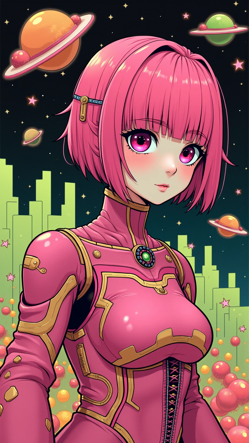 ((best quality)), ((masterpiece)), (detailed), perfect face of cyberpunk mecha japanese girl, neon pink body, neon pink hair, big neon pink eyes, ((monochromatic neon pink, orange and lime green color palette)), surreal, art nouveau, in the illustrative style of moebius, spaceships, aliens, fantasy, sci-fi, graphic novel, line drawing, french retro, bizarre, gallery worthy, work of uncanny art, splashes of neon lime green, ulzzang, 
