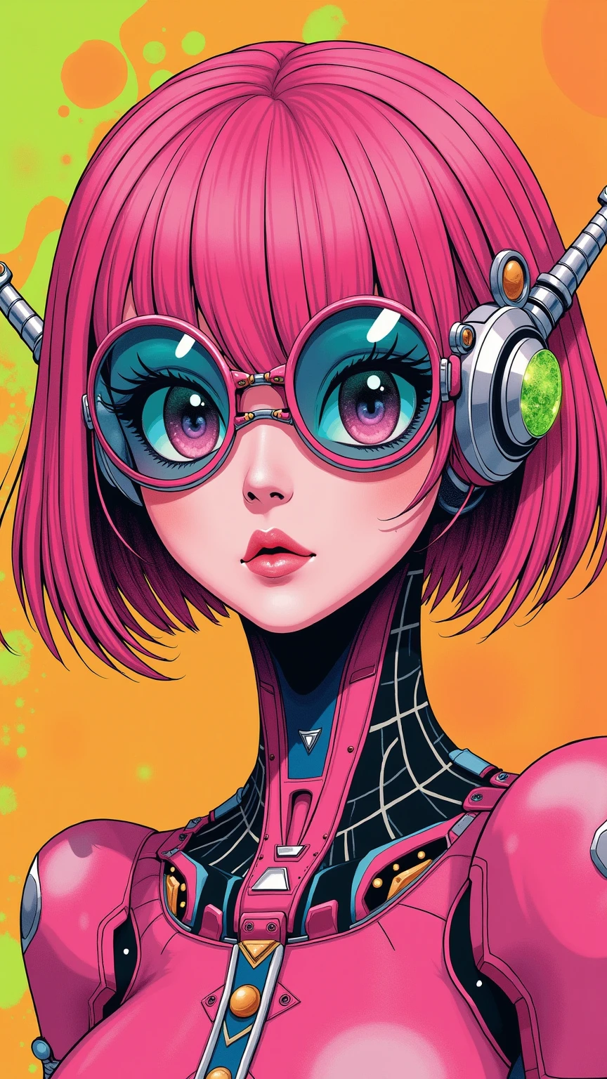 ((best quality)), ((masterpiece)), (detailed), perfect face of cyberpunk mecha japanese girl, neon pink body, neon pink hair, big neon pink eyes, ((monochromatic neon pink, orange and lime green color palette)), surreal, art nouveau, in the illustrative style of moebius, spaceships, aliens, fantasy, sci-fi, graphic novel, line drawing, french retro, bizarre, gallery worthy, work of uncanny art, splashes of neon lime green, ulzzang, 
