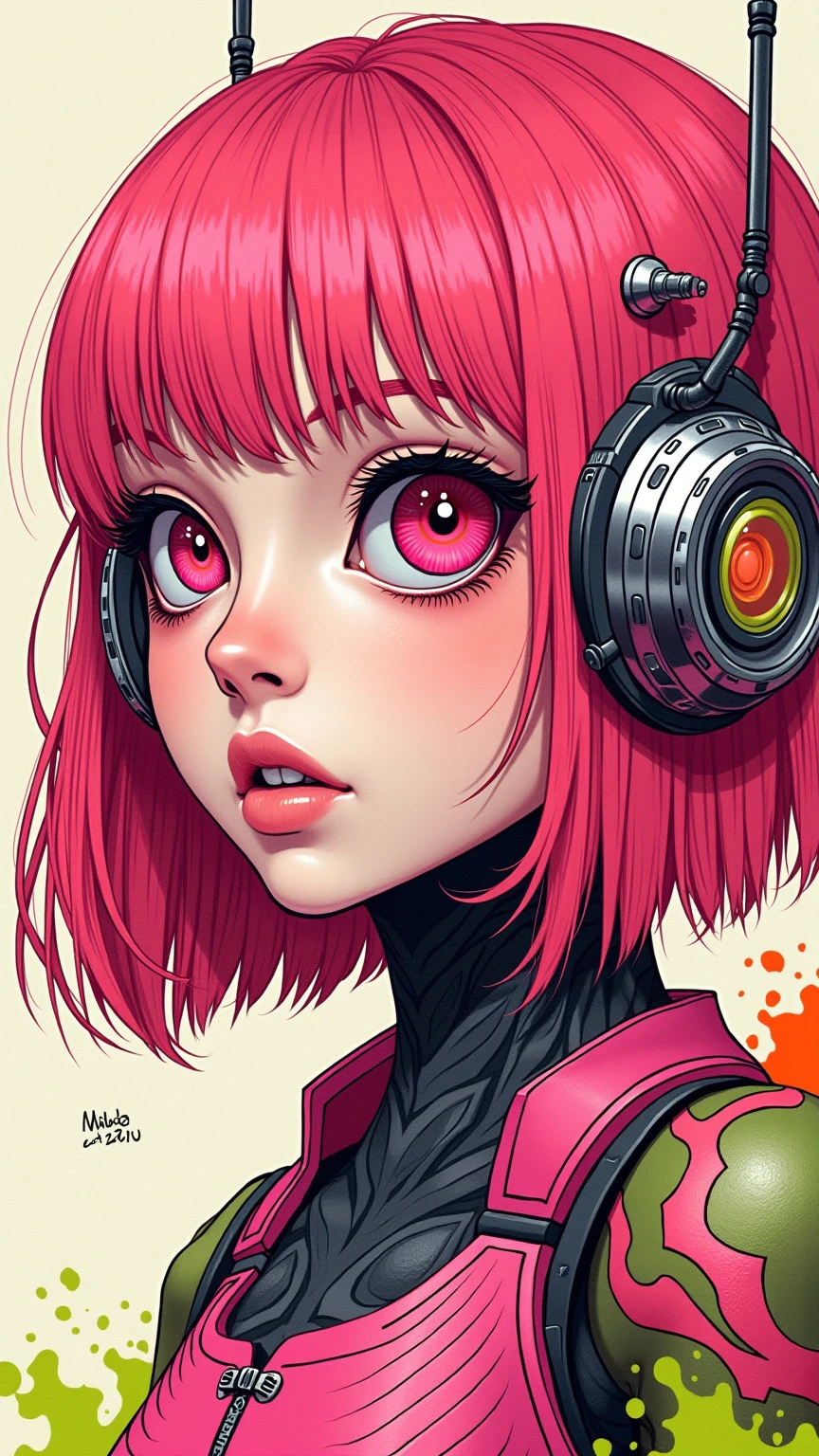 ((best quality)), ((masterpiece)), (detailed), perfect face of cyberpunk mecha japanese girl, neon pink body, neon pink hair, big neon pink eyes, ((monochromatic neon pink, orange and lime green color palette)), surreal, art nouveau, in the illustrative style of moebius, spaceships, aliens, fantasy, sci-fi, graphic novel, line drawing, french retro, bizarre, gallery worthy, work of uncanny art, splashes of neon lime green, ulzzang, 
