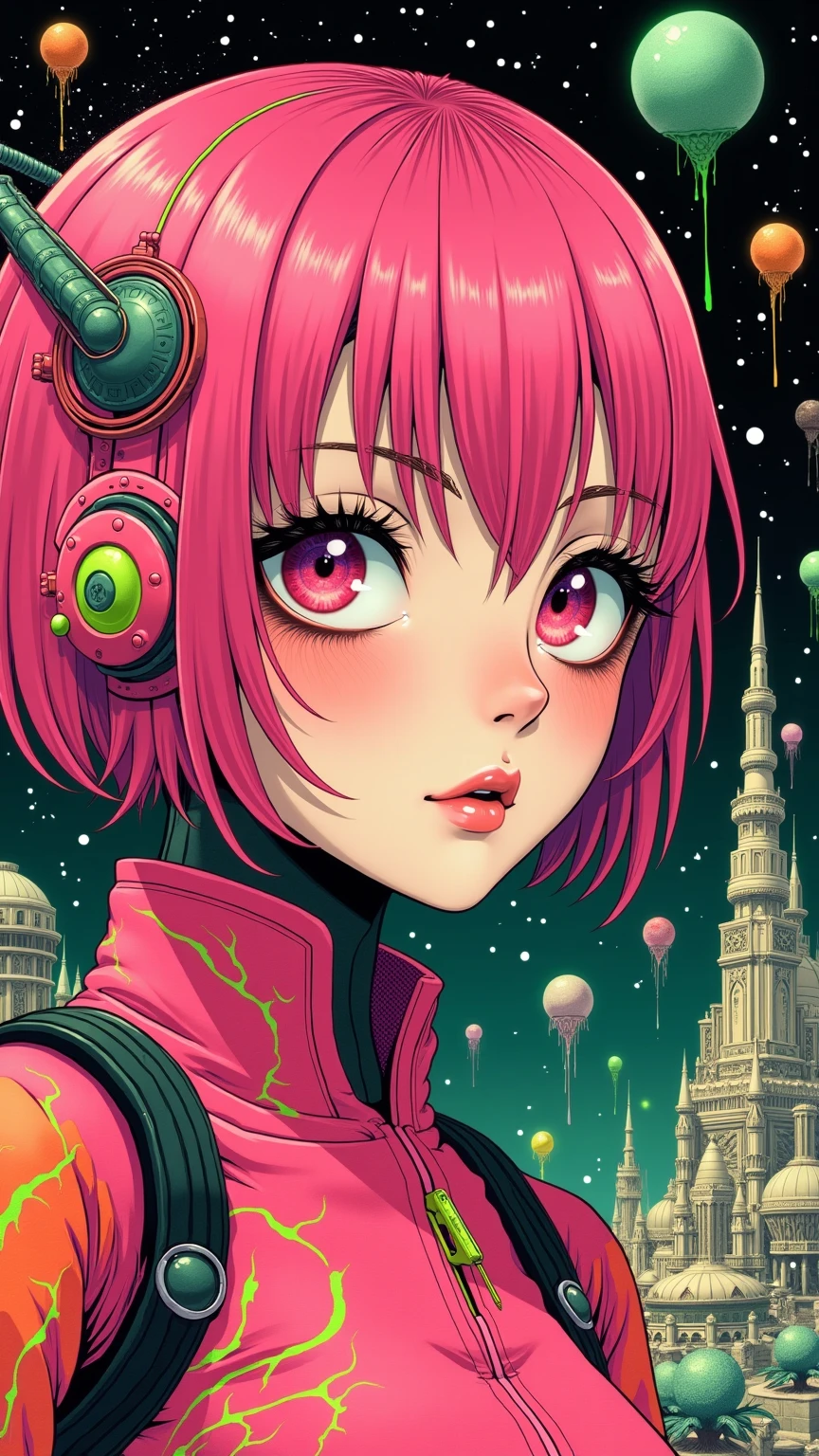 ((best quality)), ((masterpiece)), (detailed), perfect face of cyberpunk mecha japanese girl, neon pink body, neon pink hair, big neon pink eyes, ((monochromatic neon pink, orange and lime green color palette)), surreal, art nouveau, in the illustrative style of moebius, spaceships, aliens, fantasy, sci-fi, graphic novel, line drawing, french retro, bizarre, gallery worthy, work of uncanny art, splashes of neon lime green, ulzzang, 
