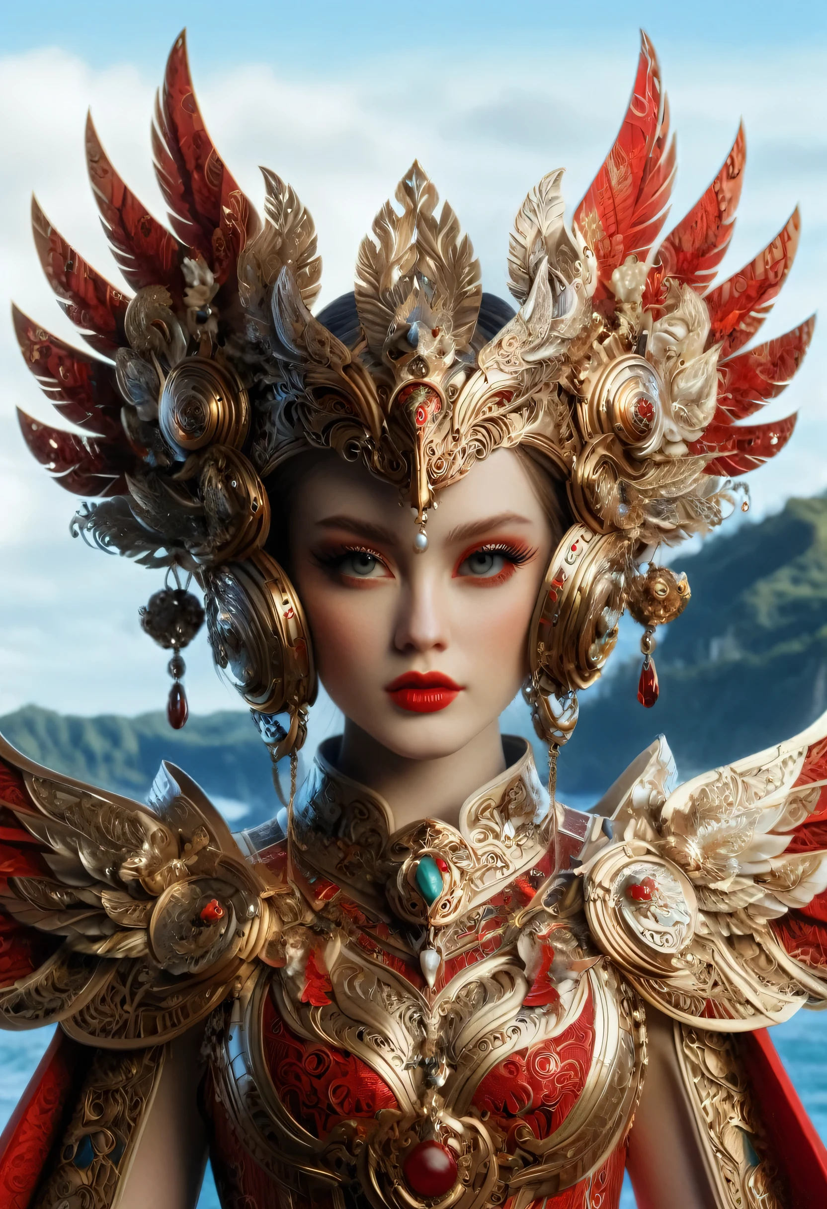 Photorealism, Face facing front, (high detail : pale skin, face ratio, windblowing hair)Stunning hyper-realistic beauty Japanese girl, by Ash Thorp and Marta Nael, anime, manga, character, upper body only, wearing high detail elaborate red mate mix 24k gold balinese garuda engraving  fantasy clothes inspired by balinese culture, futuristic and modern twist, vibrant high res  colors, soft focus, warm lighting, 8k, high-quality print, delicate features, intricate details, jade eyes , light brown hair, high detail skins, red lips,  dynamic pose, fusion of traditional and futuristic elements, barong garuda ornate accessories, exotic patterns, Batik-inspired design, traditional balinese headdress, intricate maluku pearl jewelry. High res, high saturation, cinematic, 1040x2400pixels, 8k