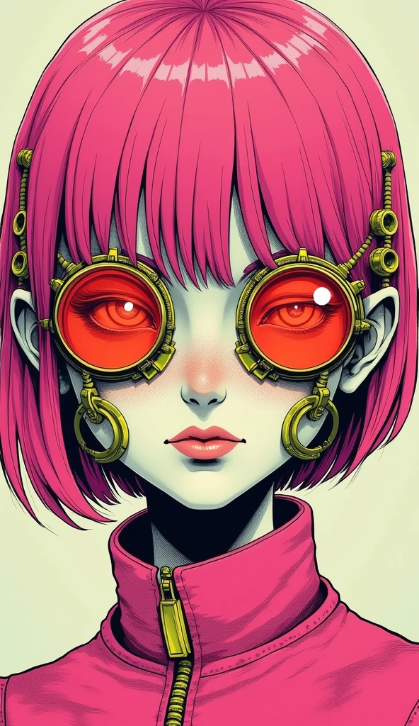 ((best quality)), ((masterpiece)), (detailed), perfect face of cyberpunk mecha japanese girl, neon pink body, neon pink hair, big neon pink eyes, ((monochromatic neon pink, orange and lime green color palette)), surreal, art nouveau, in the illustrative style of moebius, spaceships, aliens, fantasy, sci-fi, graphic novel, line drawing, french retro, bizarre, gallery worthy, work of uncanny art, splashes of neon lime green, ulzzang, 
