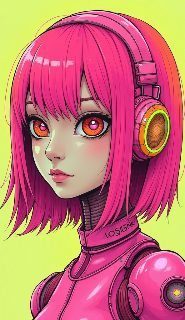 ((best quality)), ((masterpiece)), (detailed), perfect face of cyberpunk mecha japanese girl, neon pink body, neon pink hair, big neon pink eyes, ((monochromatic neon pink, orange and lime green color palette)), surreal, art nouveau, in the illustrative style of moebius, spaceships, aliens, fantasy, sci-fi, graphic novel, line drawing, french retro, bizarre, gallery worthy, work of uncanny art, splashes of neon lime green, ulzzang, 
