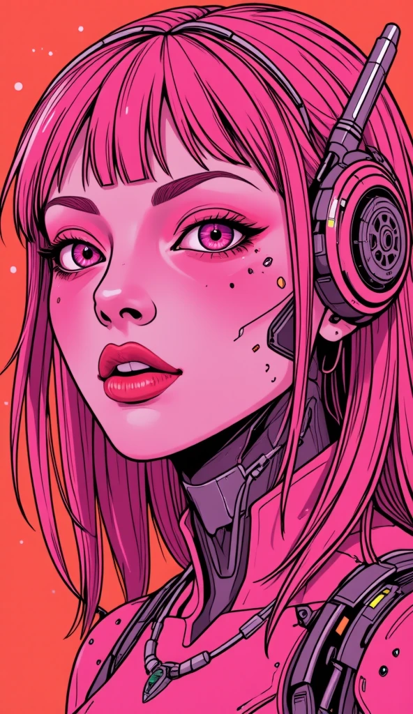 ((best quality)), ((masterpiece)), (detailed), perfect face of cyberpunk mecha japanese girl, neon pink body, neon pink hair, big neon pink eyes, ((monochromatic neon pink, orange and lime green color palette)), surreal, art nouveau, in the illustrative style of moebius, spaceships, aliens, fantasy, sci-fi, graphic novel, line drawing, french retro, bizarre, gallery worthy, work of uncanny art, splashes of neon lime green, ulzzang, 
