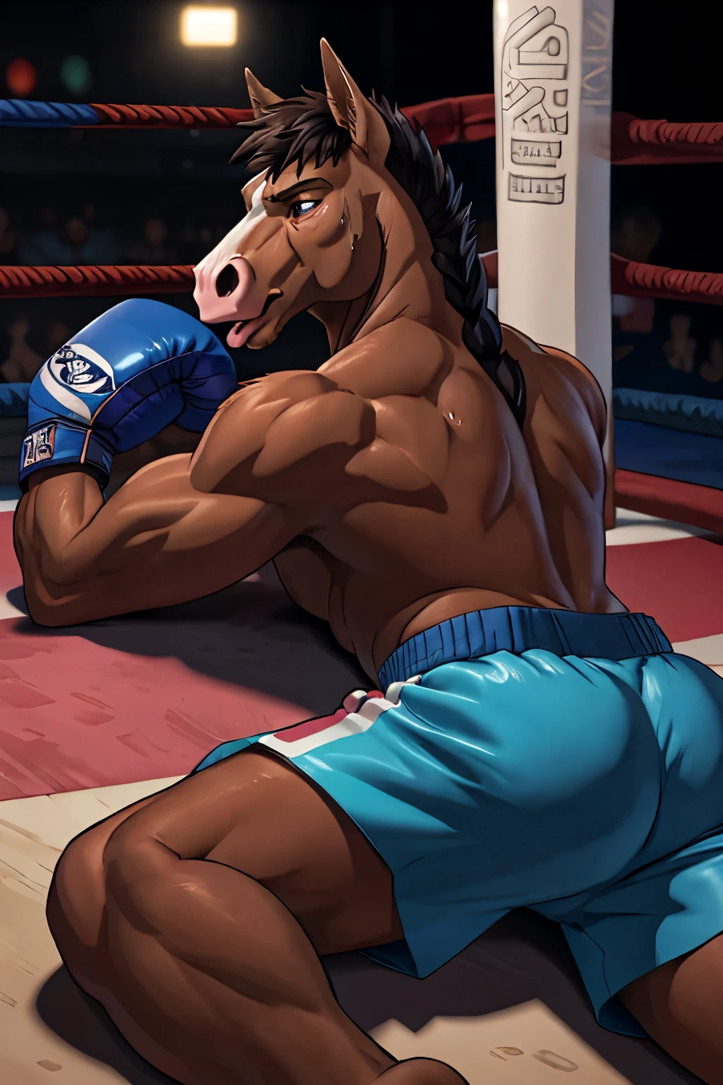 horse, (head close-up):2.2, 4k, high resolution, best quality, posted on e621, solo, anthro body, male horse, adult, masculine, slim:1.2, correct anatomy, (boxing ring background, gym background), (blurry background, out-of-focus background:1.2), (by wfa:1.0), (by takemoto arashi:1.0), (by Taran Fiddler:0.5), sexy, (cel shaded, cartoony shading:1.2), black lineart, black outline, flat coloring, (strong shadows, dark shadows:1.2), (blue shorts (bulge:0.6), topless, boxing gloves), sexy shadows, horse tail, slim posture, closed mouth, sticking out tongue, closed:1 eyes, tilted head, exhausted, wet sweat:1.2, fallen, (lying on back):1.2, lying on ropes, spreaded legs, spreaded arms (foot showing) feet focus (paw fetish) (feet fetish) ((black nails)) (feet)) (detailed feet) Humanoid feet