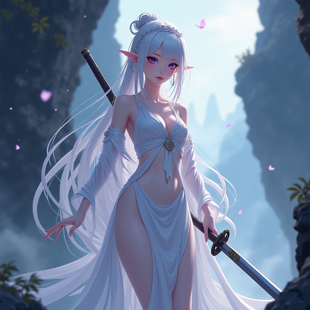 Girl with sword，Simple lines，Light underwear，（transparent），The chest is faintly visible，Cleavage，Minimalism，Holding a red long sword，