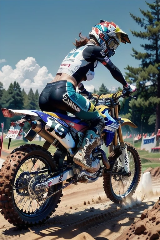 Yamaha WR250, The Racer Girl, best quality, Ultra Wide Angle, small breasts,  Brown Skin, wearing motocross boots, Motocross Championship , muddy 