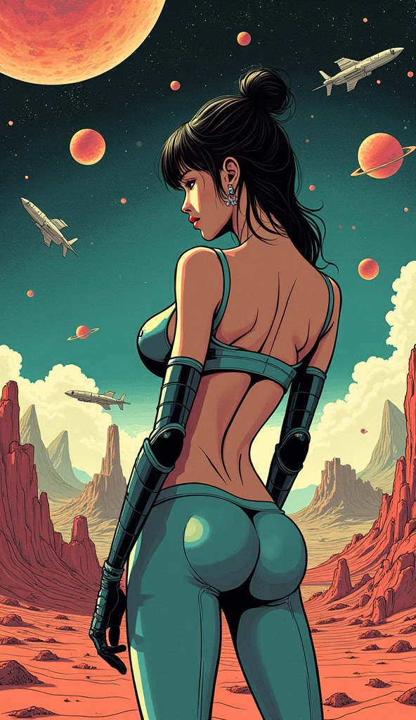 ((best quality)), ((masterpiece)), (detailed), perfect face of cyberpunk mecha japanese girl, surreal, art nouveau, in the illustrative style of moebius, spaceships, aliens, fantasy, sci-fi, graphic novel, line drawing, french retro, big breasts, cleavage, big tight round ass, from behind, 
