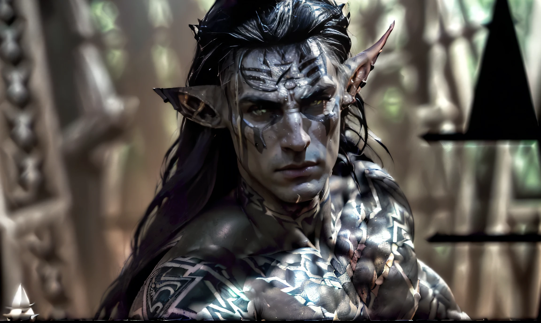 "((highly detailed, detailed eyes, detailed face, clear and realistic facial features, photorealistic, realistic light; cinematic)), (close up), (((mysterious male Tuatha de Danann))), ethereal-looking, ((((((wearing dark elven hunter clothing)))))), ((((((long black hair)))))), ((((intense hazel-brown eyes)))), hunting you, (((((heavy black geometric tattoos))))), heavily tattooed, facial scarification, (((blood))), brutal, scary, (((((creepily attractive))))), dangerous, masculine, (((((((elven ears))))))), ((((dull, greyish skin)))), (((((sneering creepy expression))))), looking at camera, (((((((clean-shaven, without facial hair, hairless jaw and chin))))))), ((((elegant yet brutal looking))))"