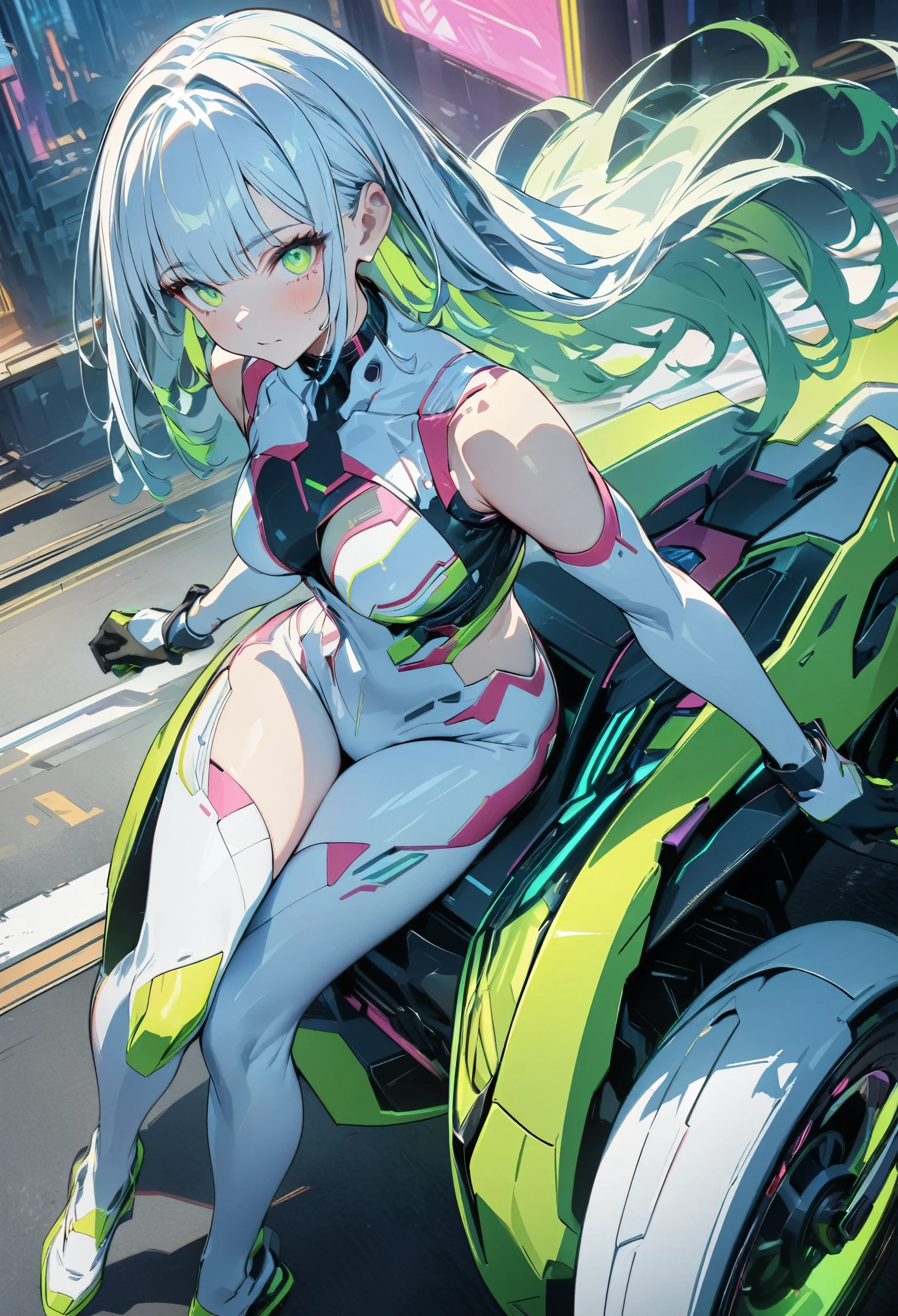 (masterpiece,  best quality:1.2,UHD,High Resolution、Detailed depiction),Flying future bike 、 shape is streamlined and cyberpunk body、 no wheels or propellers 、 colors are white and lime green 