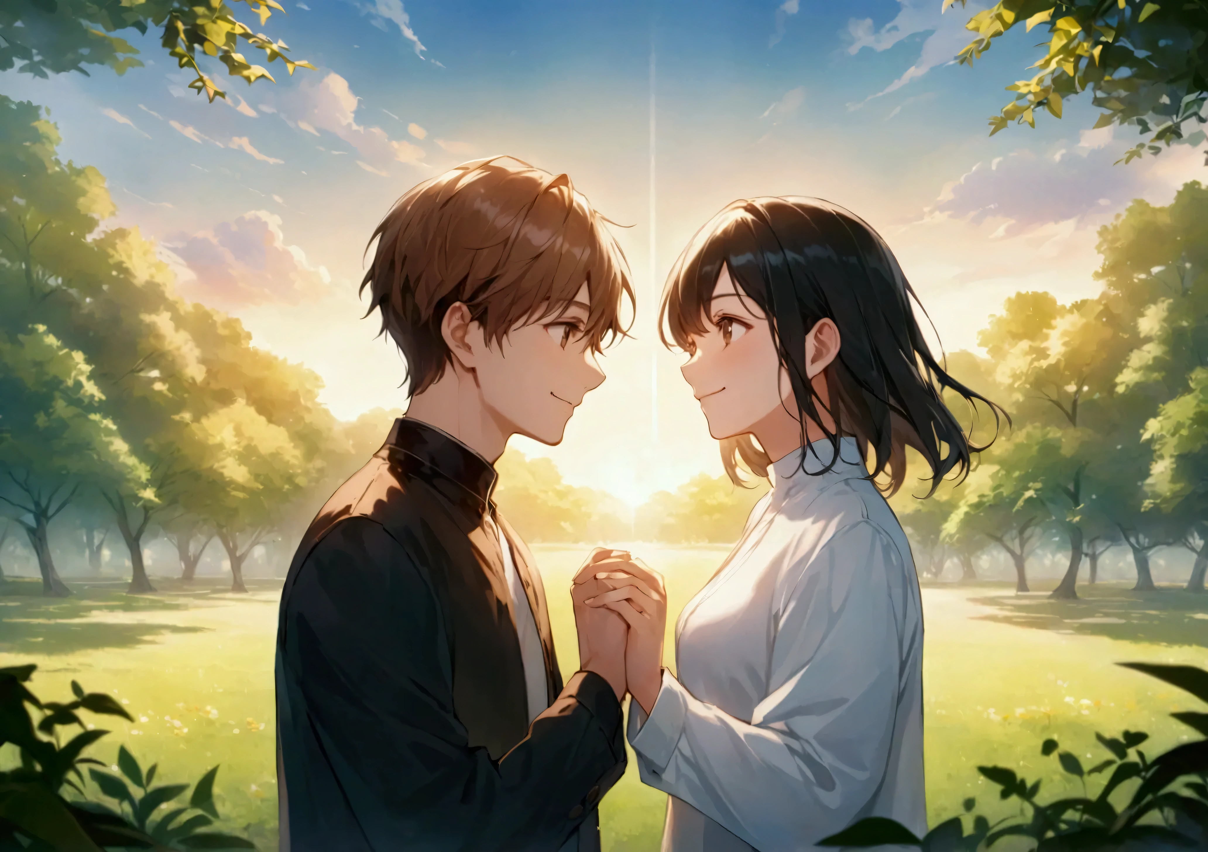 An anime-style image capturing the moment an 18-year-old boy and girl meet under the bright summer sun. The scene is filled with the warmth of the sun's rays, casting a golden glow on everything around them. The boy and girl stand facing each other, with expressions of surprise and joy as they cross paths. The background features a vast, clear blue sky with a few fluffy white clouds, emphasizing the openness and possibilities of the moment. The surrounding landscape is lush and vibrant, with green grass and blooming flowers swaying gently in the summer breeze. The overall atmosphere is lively and heartwarming, conveying the excitement and promise of new connections under the brilliant summer sky.
