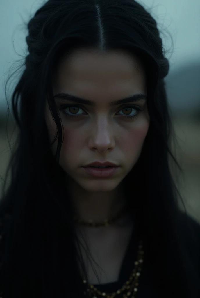a young, beautiful and dark woman, with black hair and red eyes, with a naked body covered in blood and sharp teeth and claws, deep in the dark forest with mist, body horror style.
