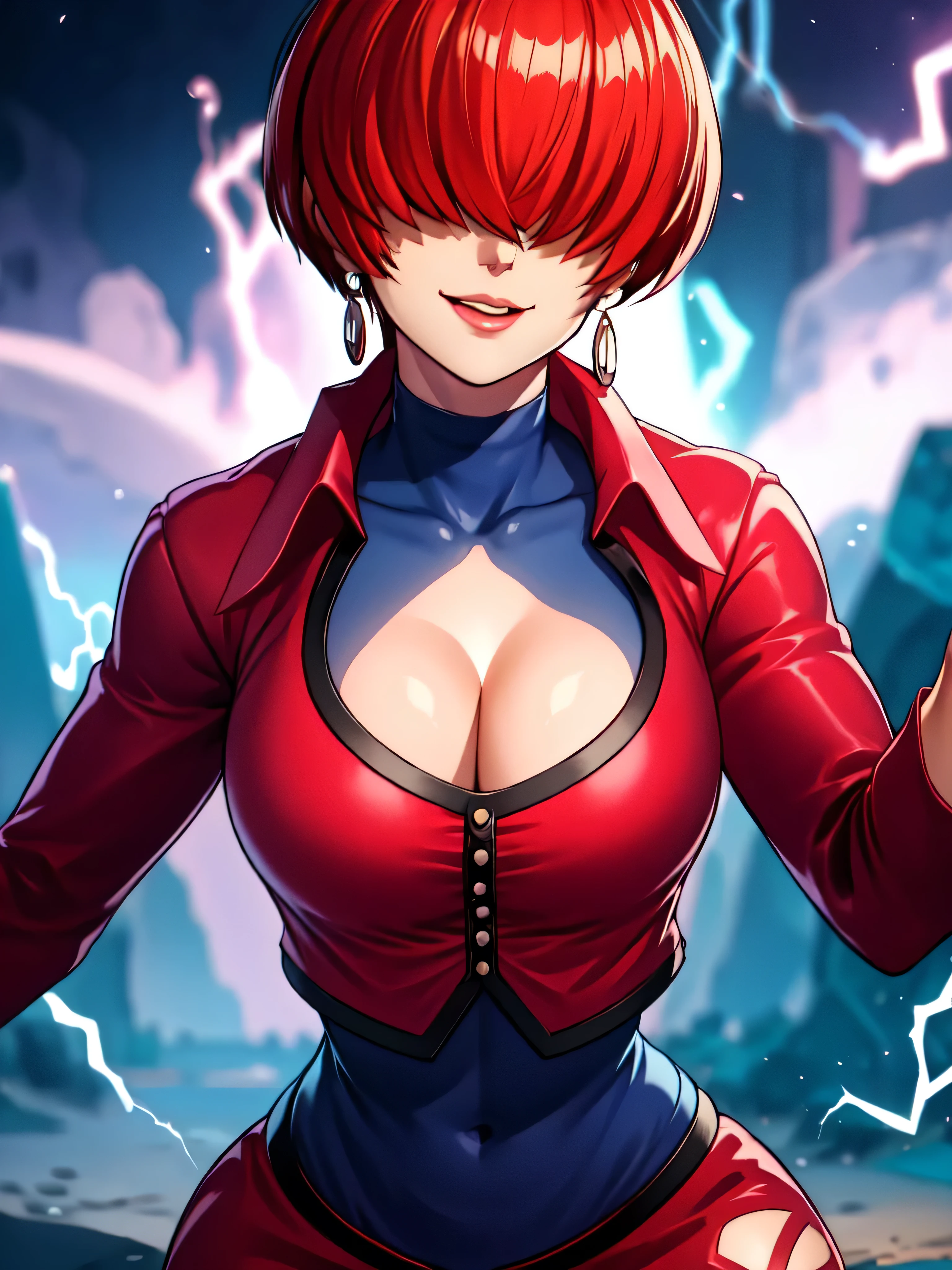 black and thunder background,
Red outfit,Red jacket,choker, cleavage cutout, clothing cutout, 
earrings,close mouth,
Red hair,bangs,((hair over eyes)),,five finger,
1 girl, 20yo,Young female,upper body,Beautiful body,Beautiful Nose,perfectl hands,perfect fingers,,,Beautiful character design, evil smile,Ruined City
looking down at viewer,(Focus on her face),,evil smirk ,lightning circle,
official art,extremely detailed CG unity 8k wallpaper, perfect lighting,Colorful, Bright_Front_face_Lighting,shiny skin,
(masterpiece:1.0),(best_quality:1.0), ultra high res,4K,ultra-detailed,
photography, 8K, HDR, highres, absurdres:1.2, , film grain, , bokeh:1.2, lens flare, (vibrant_color:1.2),professional photograph,
(Beautiful,large_Breasts:1.4), (beautiful_face:1.5),(narrow_waist),conceit,smile worst,raiging lightning