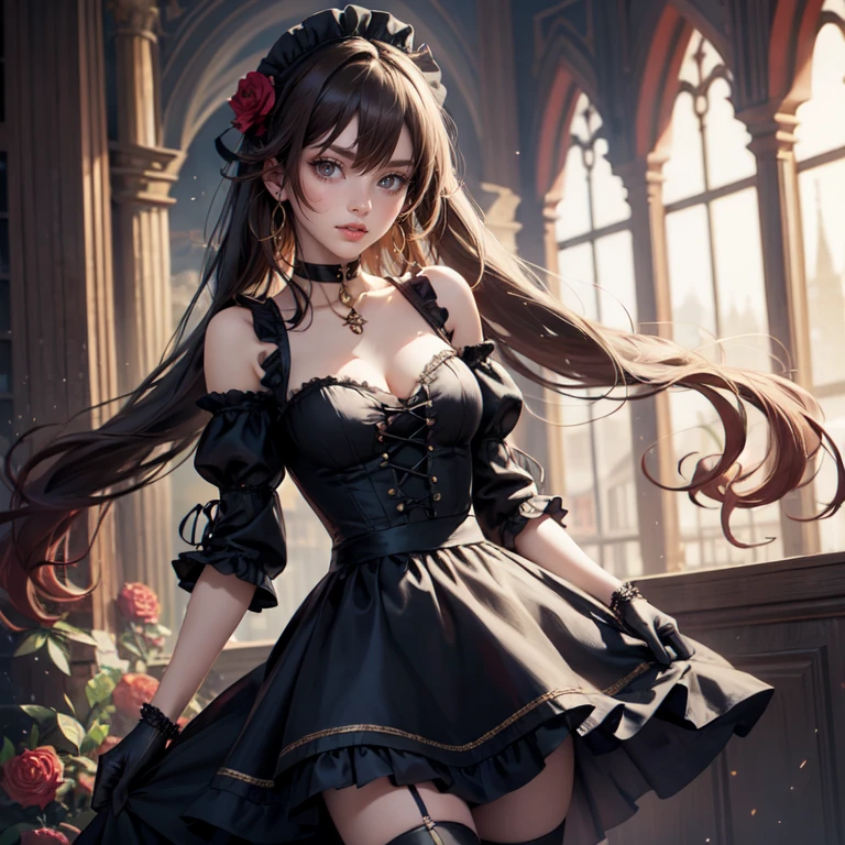 (((masterpiece, of the highest quality, super detailed))), (a female knight of an occult order), ((minimal but intricate beautiful armour)), ((dark hair)), ((ponytail, thick ponytail, heavy ponytail)), (((( Highly detailed face))), (((Very sharp focused eyes))), very long eyelashes, small breasts, (((flat chest:1.1))), (resolved expression), (resolute expression), occult aesthetic, Fluttering lace flared dress with frilly petticoats, (red and white clothing detailed and intricate steampunk and detailed gothic), (with a hood), (thigh high flared socks), complex lace boots
