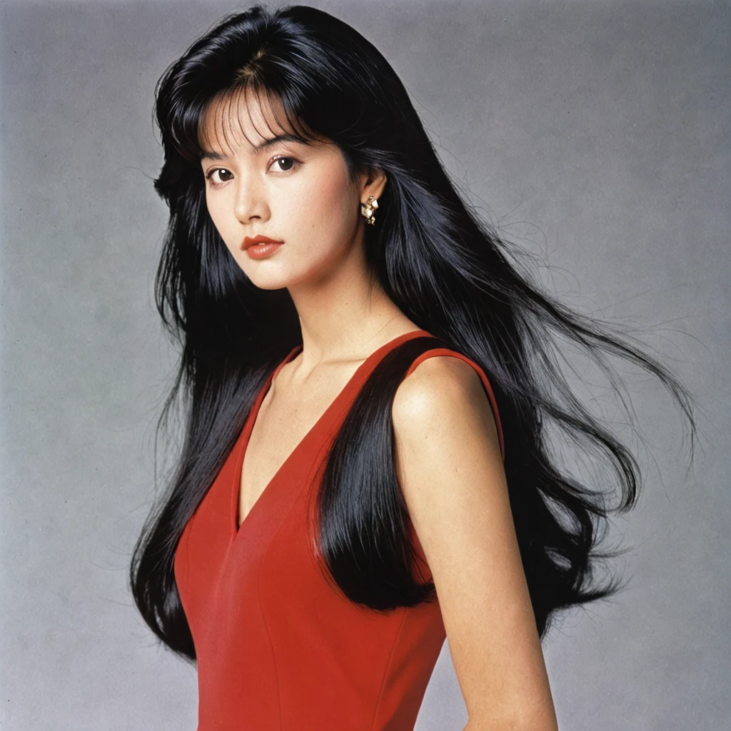 , Black Hair, 1980s (style), Red sleeveless dress, Long Hair,