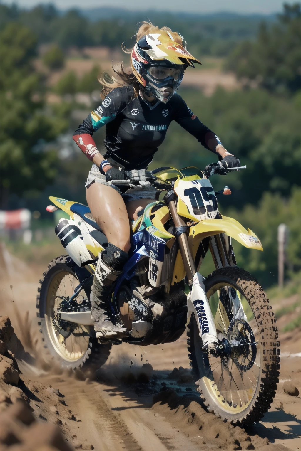 Yamaha WR250, The Racer Girl, best quality, Ultra Wide Angle, small breasts,  Brown Skin, wearing motocross boots, Motocross Championship , muddy , abs