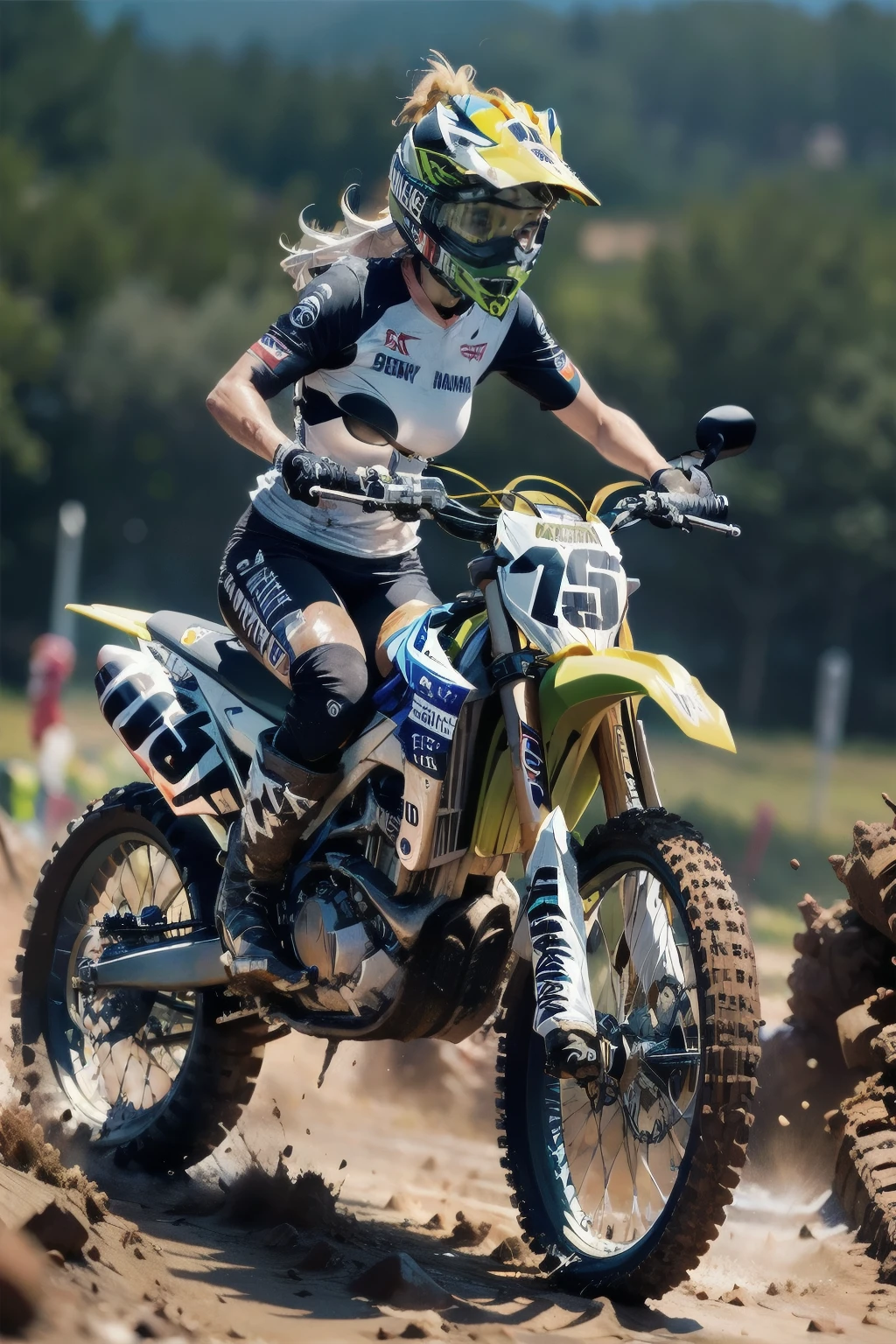 Yamaha WR250, The Racer Girl, best quality, Ultra Wide Angle, small breasts,  Brown Skin, wearing motocross boots, Motocross Championship , muddy , abs