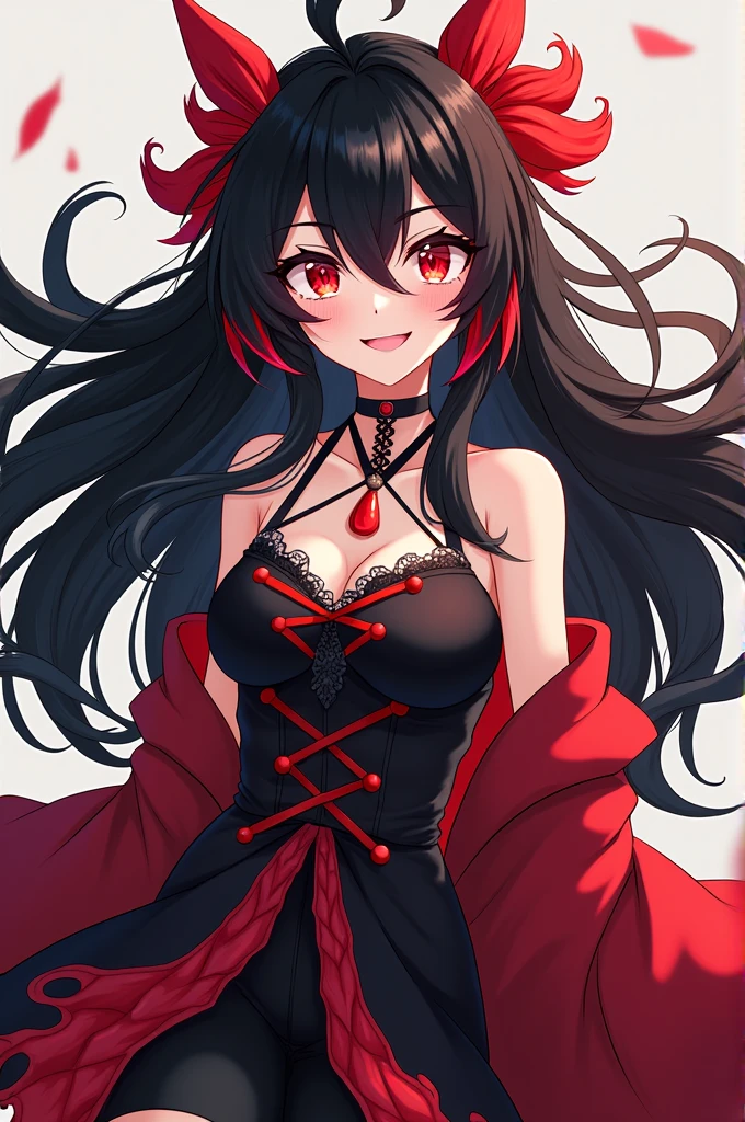 best quality, masterpiece, (hiten1:0.7), 1girl, selfie, (close-up), face focus, reflection, detailed red eyes, black hair, red hat, head tilt, (claw pose), smile, collarbone, red dress, medium breasts, cleavage