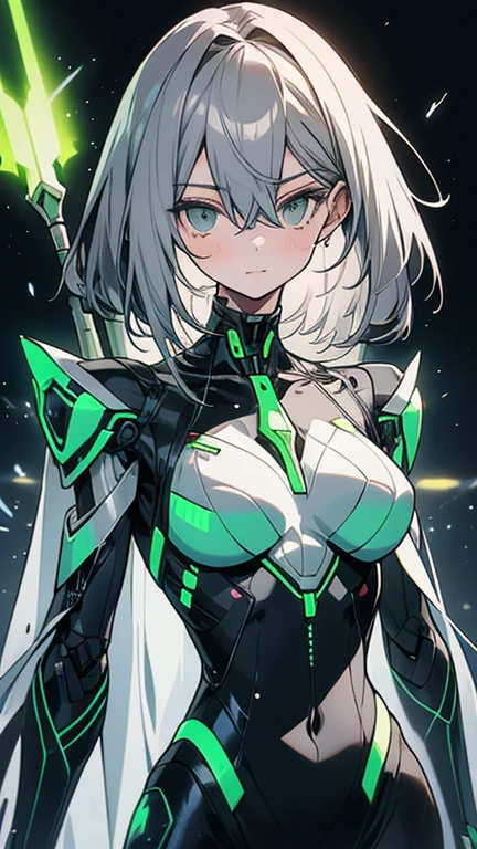 A muscular woman, White hair, green eyes, wearing a white paladin armor, Dommy Mommy, Dick under her pants