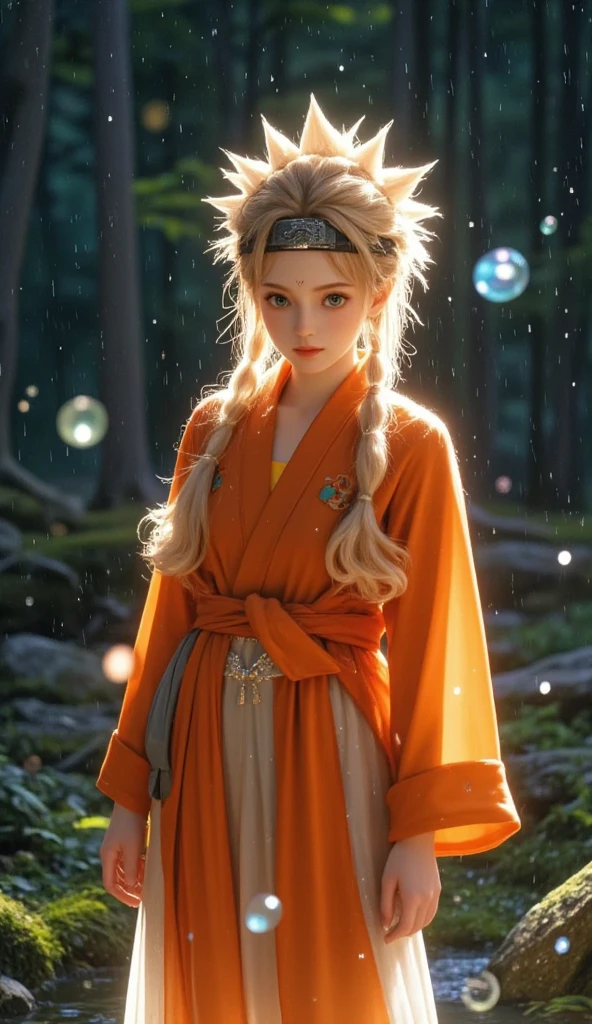 Create Naruto Uzumaki in a medium shot, standing in heavy rain against a dark forest background. Wearing wet orange jacket, water dripping from his blonde spiky hair. Konoha headband with detailed metal texture. Blue chakra energy swirling around him, reflecting in the raindrops. Dramatic backlighting through trees. Style: hyperrealistic 3D render, cinematic composition, 8k detail.