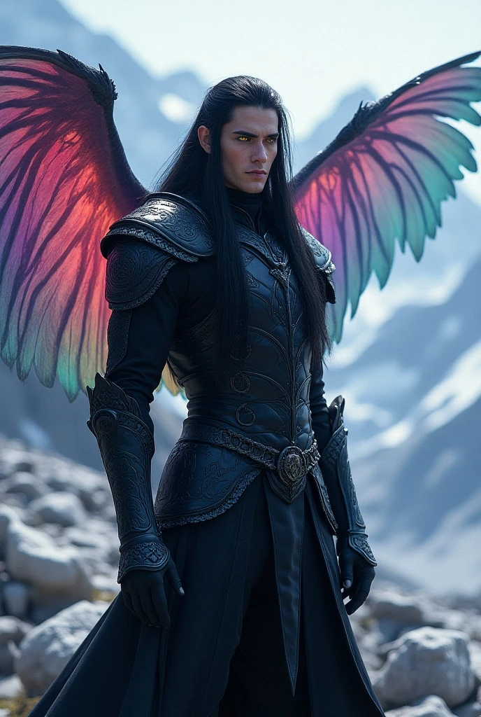Man, blue eyes, black hair, fae, dragon wings