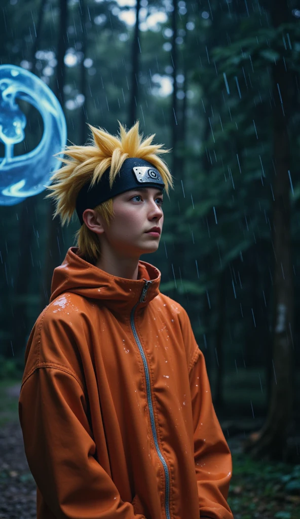 Create Naruto Uzumaki in a medium shot, standing in heavy rain against a dark forest background. Wearing wet orange jacket, water dripping from his blonde spiky hair. Konoha headband with detailed metal texture. Blue chakra energy swirling around him, reflecting in the raindrops. Dramatic backlighting through trees. Style: hyperrealistic 3D render, cinematic composition, 8k detail.