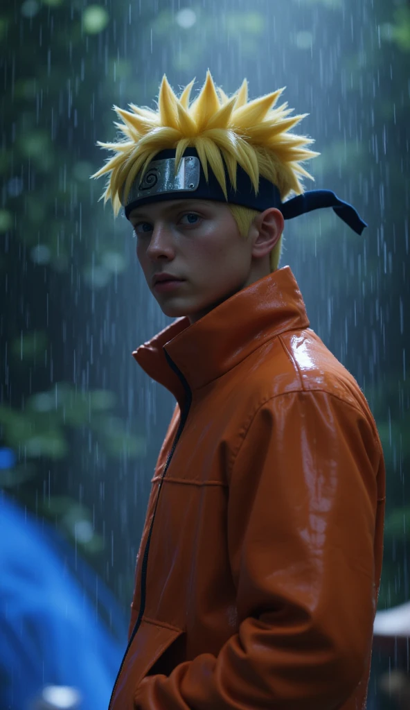 Create Naruto Uzumaki in a medium shot, standing in heavy rain against a dark forest background. Wearing wet orange jacket, water dripping from his blonde spiky hair. Konoha headband with detailed metal texture. Blue chakra energy swirling around him, reflecting in the raindrops. Dramatic backlighting through trees. Style: hyperrealistic 3D render, cinematic composition, 8k detail.