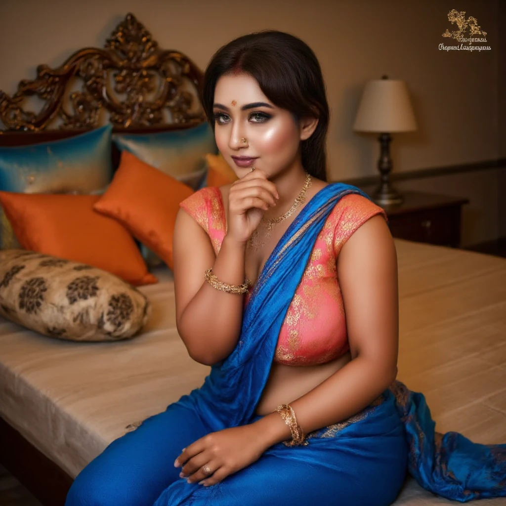 A high-quality digital artwork capturing an intimate indoor setting, featuring a beautiful woman seated gracefully on a plush, ornate bed. She wears a vibrant blue saree with delicate golden accents, which drapes closely over her curvy, voluptuous figure, emphasizing the gentle contours of her full hips and soft waist. The saree wraps around her upper body in a fitted blouse with a deep neckline, subtly showcasing her ample bust, adding to her confident, feminine allure.

Her posture is relaxed, with one hand resting under her chin, her fingers gracefully curled, and the other hand resting loosely in her lap, exuding a sense of natural elegance. Her skin glows softly under the warm, ambient lighting, highlighting her smooth complexion and the gentle curves of her silhouette.

Her face is framed by loose, dark waves of hair that fall effortlessly over her shoulders, enhancing the gentle roundness of her features. A small, traditional bindi adorns her forehead, drawing attention to her deep, expressive eyes, which hold a warm, thoughtful gaze directed toward someone off-screen. Her lips are curved in a soft, inviting smile that hints at a sense of intrigue and emotional depth.

Her jewelry—a delicate nose ring, gold bangles, a simple black choker, and subtle earrings—adds a touch of traditional charm and richness to her appearance. In the background, the intricate, carved headboard and cozy pillows with warm orange and blue tones create a comfortable, romantic ambiance. The room is bathed in low, golden light that casts a soft glow, accentuating the details of her figure and outfit, and heightening the warmth and intimacy of the scene. The caption on screen, 'Listen, my mind is drunk in your mystery,' subtly hints at a personal connection, adding a sense of romantic allure and cultural depth."