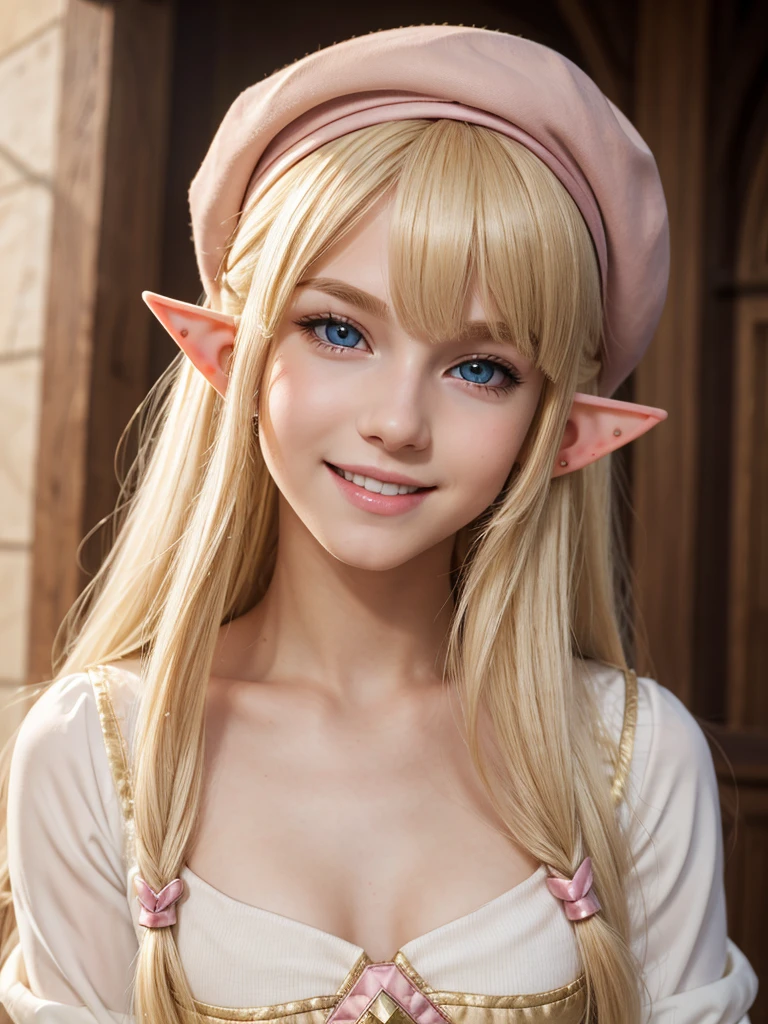 (best quality), 1boy, male, femboy, porcelain skin, blonde hair, straight hair, long hair, swept bangs, brown eyes, perfect eyes, beret, (elf), pointed ears, fantasy clothes, smile, masculine, blush, pink lips, masterpiece, anatomically correct, highres
