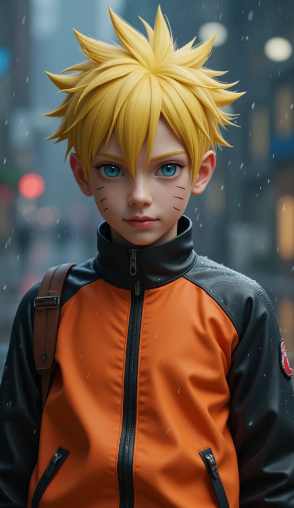 Naruto Uzumaki, age 16, portrait from chest to hips, wearing orange and black jacket with zipper, ninja tool pouch, young ninja with spiky blonde hair and whisker marks, caught in the rain, intense blue eyes, water droplets on face, dramatic bokeh background, hyperrealistic 3D render