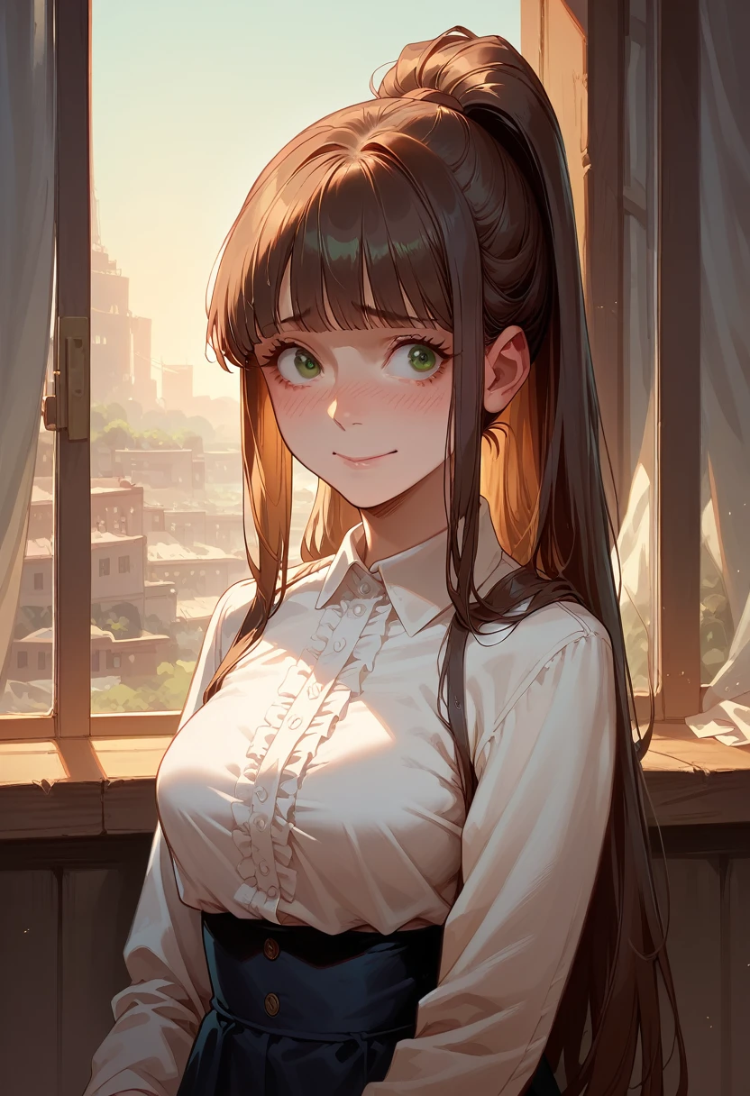 
A teen girl watching the sunrise wearing formal uniform clothes, green eyes, long hair with a fringe in a ponytail, detailed nervous face, smile, shy girl, normal breasts, detailed beautiful body, thin body,