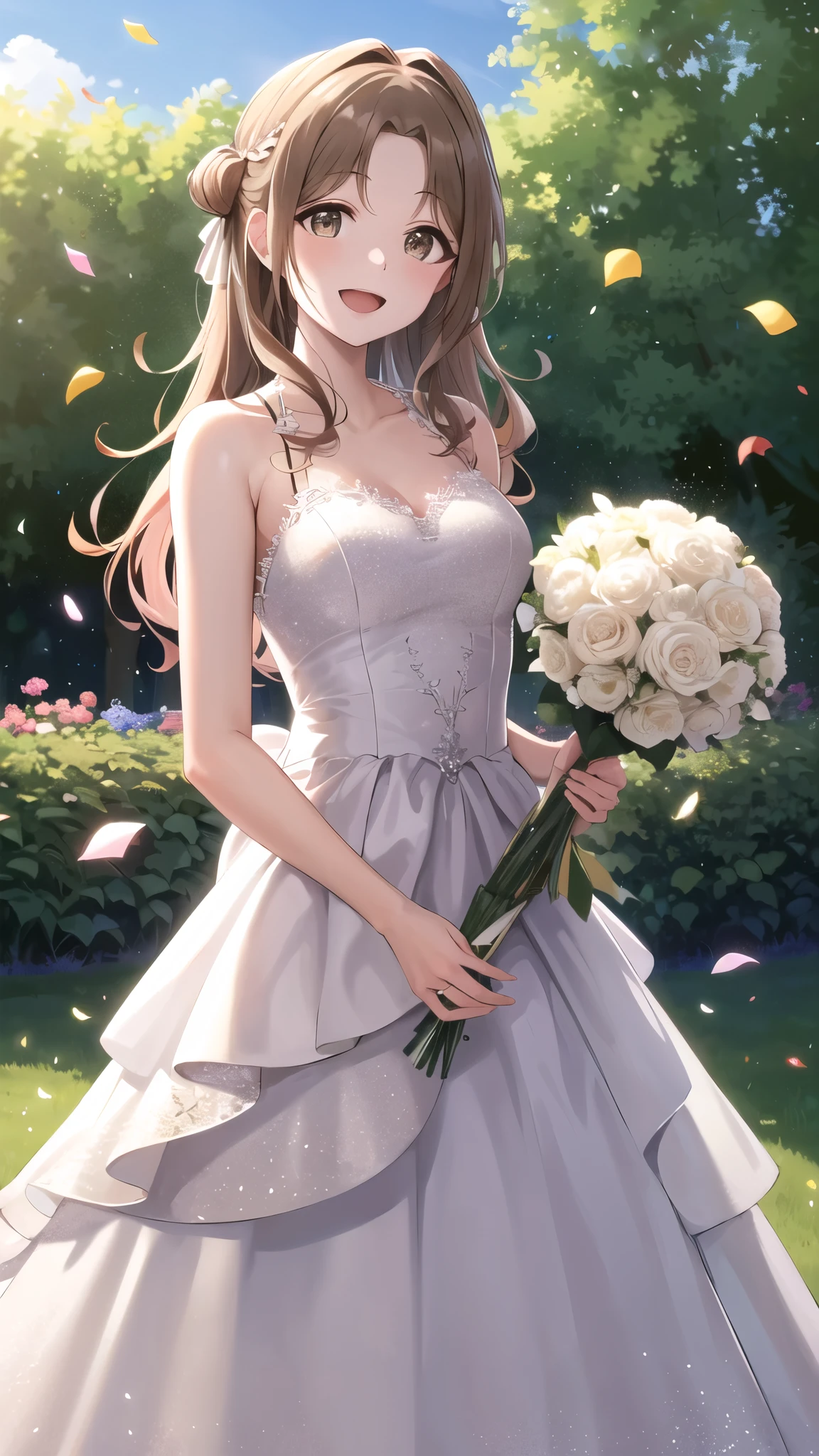 masterpiece, best quality, highres, hmhinana, long hair, single side bun, hair ribbon, wedding dress, standing, garden, confetti, holding bouquet, smile, open mouth,