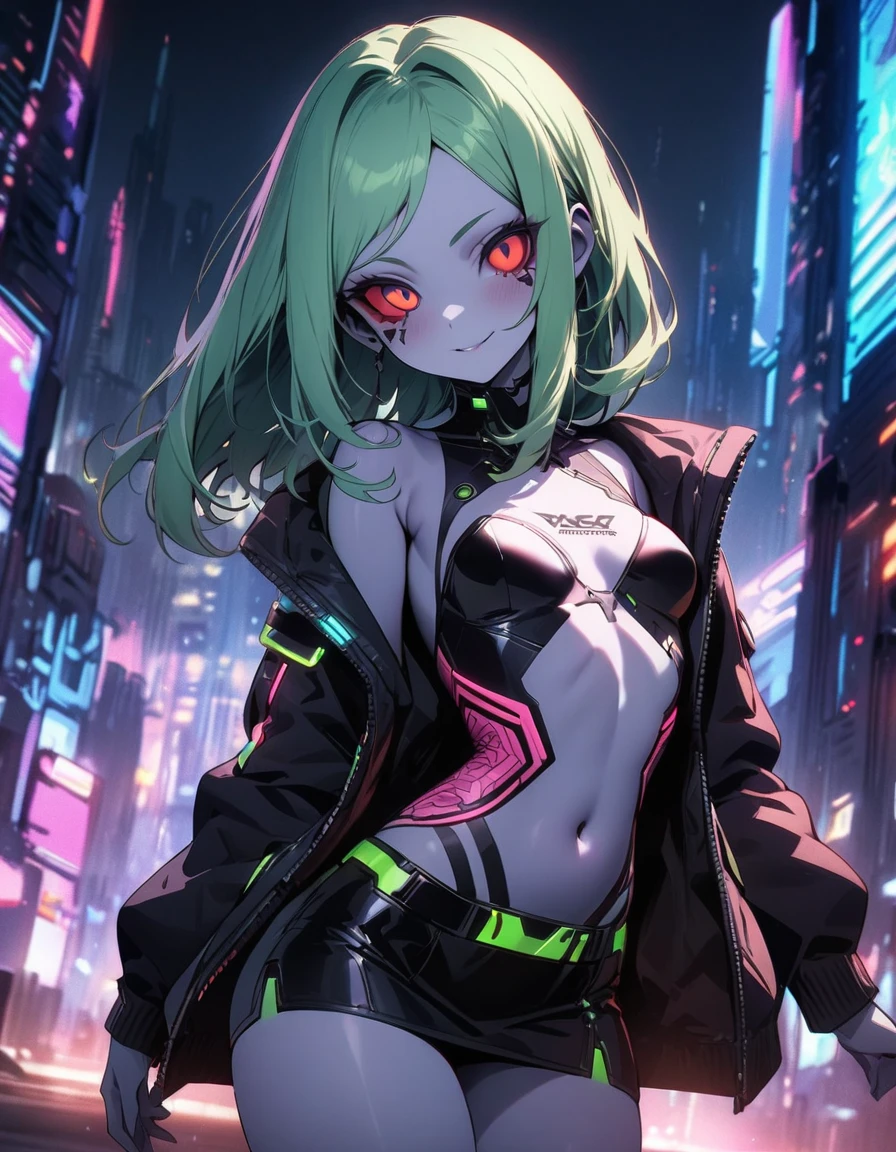 High resolution, masterpiece , best quality, 1girl,rebecca, red sclera,red pupils, cyborgunder, green hair,colored skin, many tattoos, futuristic clothing, skirt, neon details, cyberpunk neon style, in the background cyberpunk city at night, finely detailed skin, small breasts, very sexy
