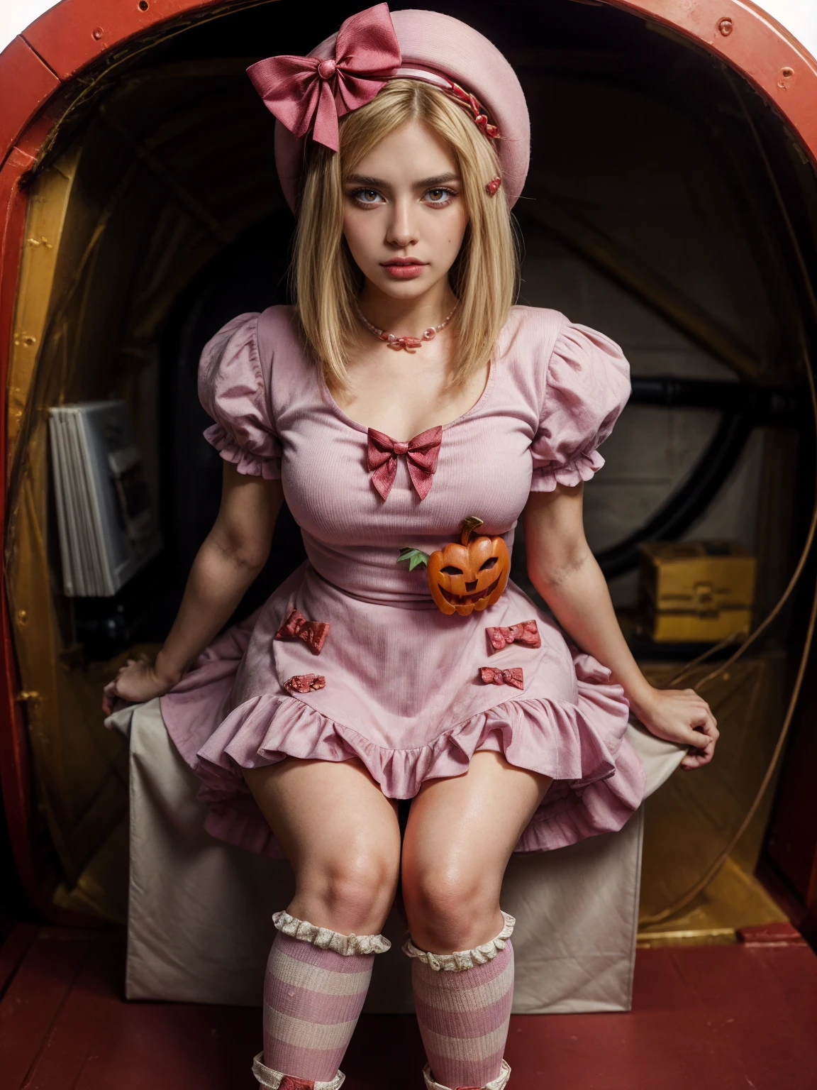 (1 lady), The beautiful, (Best quality at best:1.4), (ultra - detailed), (extremely detailed CG unified 16k), gold blonde hair, very detailed, High-definition RAW color photo, professional photoshooting, amazing face and eyes, cosmetics, (amazingly beautiful girl), ((lambdadelta, taller, tall woman)), ((dress, shoes bow, red shoes, striped stockings, red bow, pink hat, necklace, gloves, pearl, pumpkin brooch, pink dress)), levitating in a cute posture (floating in the air), (She's levitating in a cosmic sea, outer space:1.3, quantum hyperspace room lacking walls, hyperspace chamber, extremely detailed background, a lot of details background, realistic outer space background with stars quasars and cosmic bodies, brighter background), (look from above), realistic cinematic face, head to feet long wide zoomed out view, full body long view, photorealistic, ((realistic natural blonde hair style, red eyes)), gorgeous, extremely beautiful face, perfect model beauty, pout mouth, Highly Detailed Face and Skin Texture, Detailed Eyes, Double Eyelids, Small Breasts, Persistent Stare, Faith Trance, (mystical stare, looking eternity), (masterpiece), best quality, high resolution, depth of field, cinematic lighting, amazing legs, pink combat boots, clear and well-cared skin