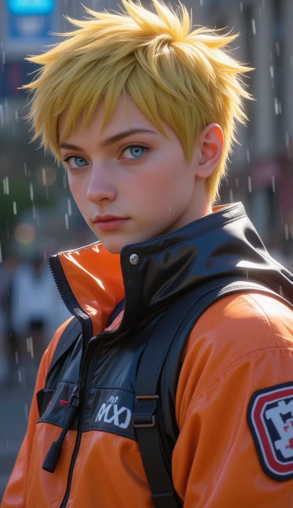 Naruto Uzumaki, age 16, portrait from chest to hips, wearing orange and black jacket with zipper, ninja tool pouch, young ninja with spiky blonde hair and whisker marks, caught in the rain, intense blue eyes, water droplets on face, dramatic bokeh background, hyperrealistic 3D render